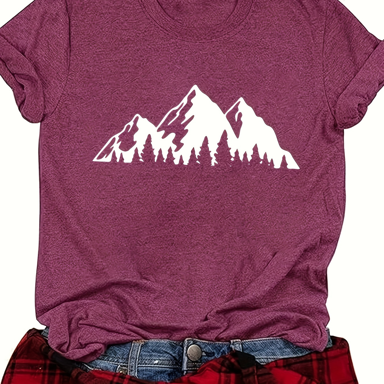 

Mountain Print Crew Neck T-shirt, Casual Short Sleeve Top For Spring & Summer, Women's Clothing