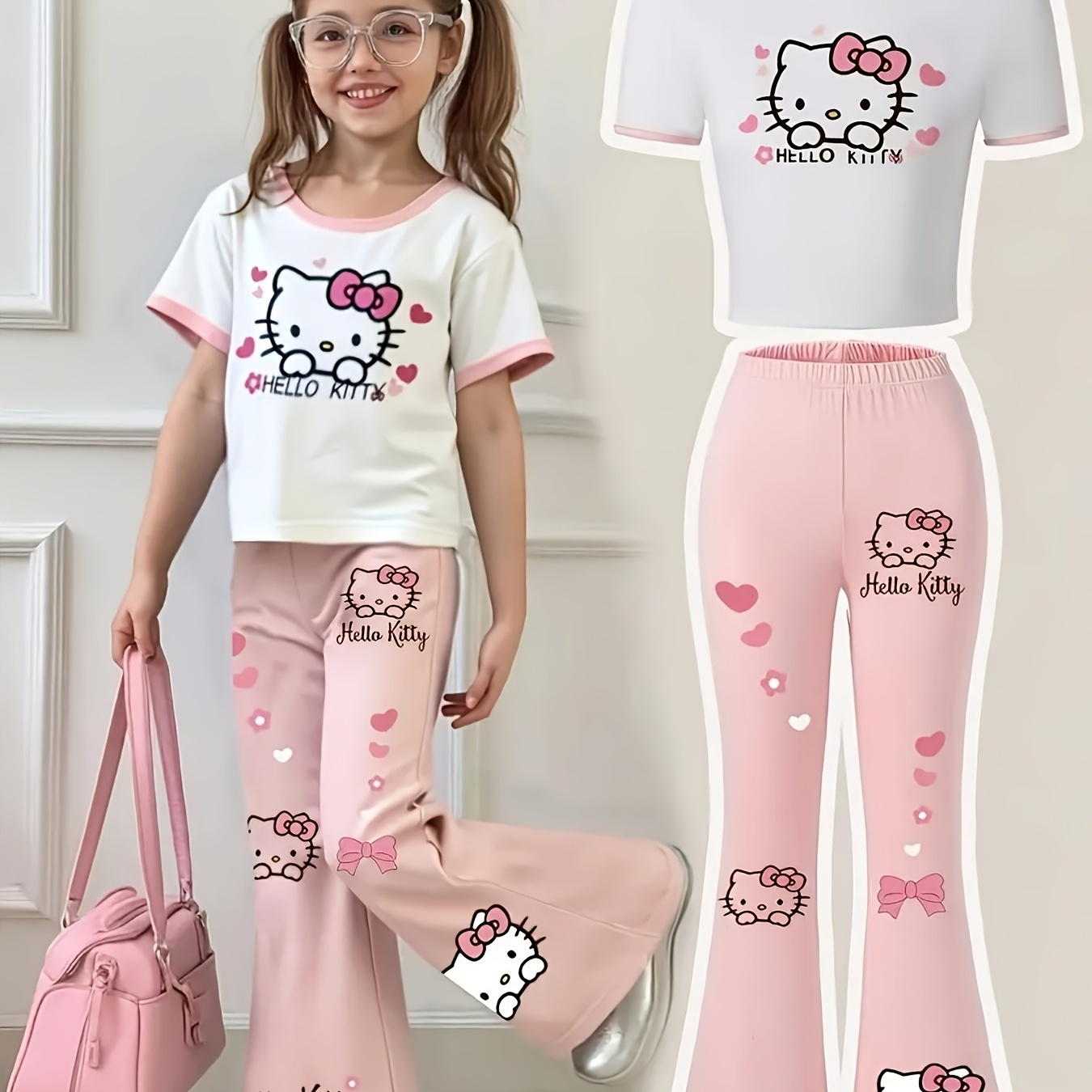 Sanrio for hello kitty Girls Short-sleeved Trousers Set, for Hello Kitty Short-sleeved Flared Trousers Set, for Hello Kitty Cartoon Pattern Set, for Outdoor