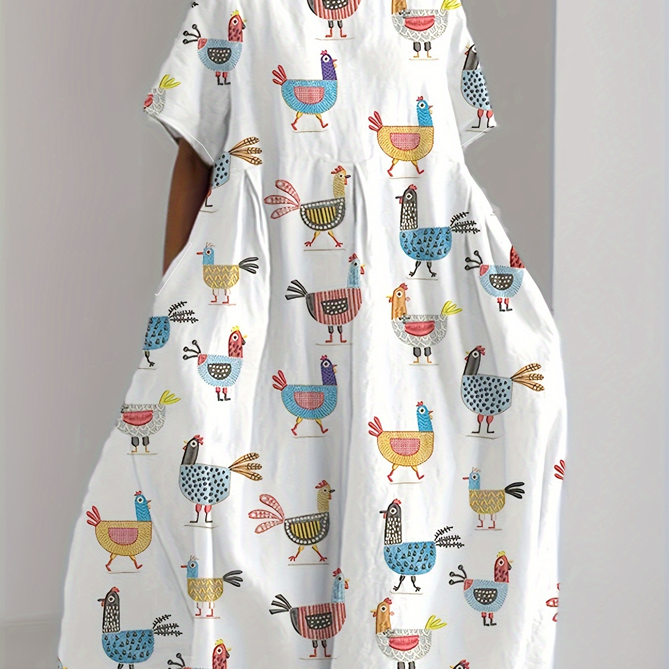 

Plus Size Cartoon Chicken Print Loose Dress, Casual Longline Short Sleeve Crew Neck Dress For , Women's Plus Size Clothing