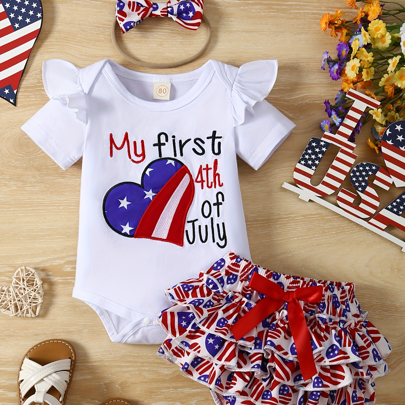 

Baby's "my First 4th Of July" Embroidered 2pcs Summer Outfit, Short Sleeve Onesie & Layered Skirt Set, Toddler & Infant Girl's Clothes