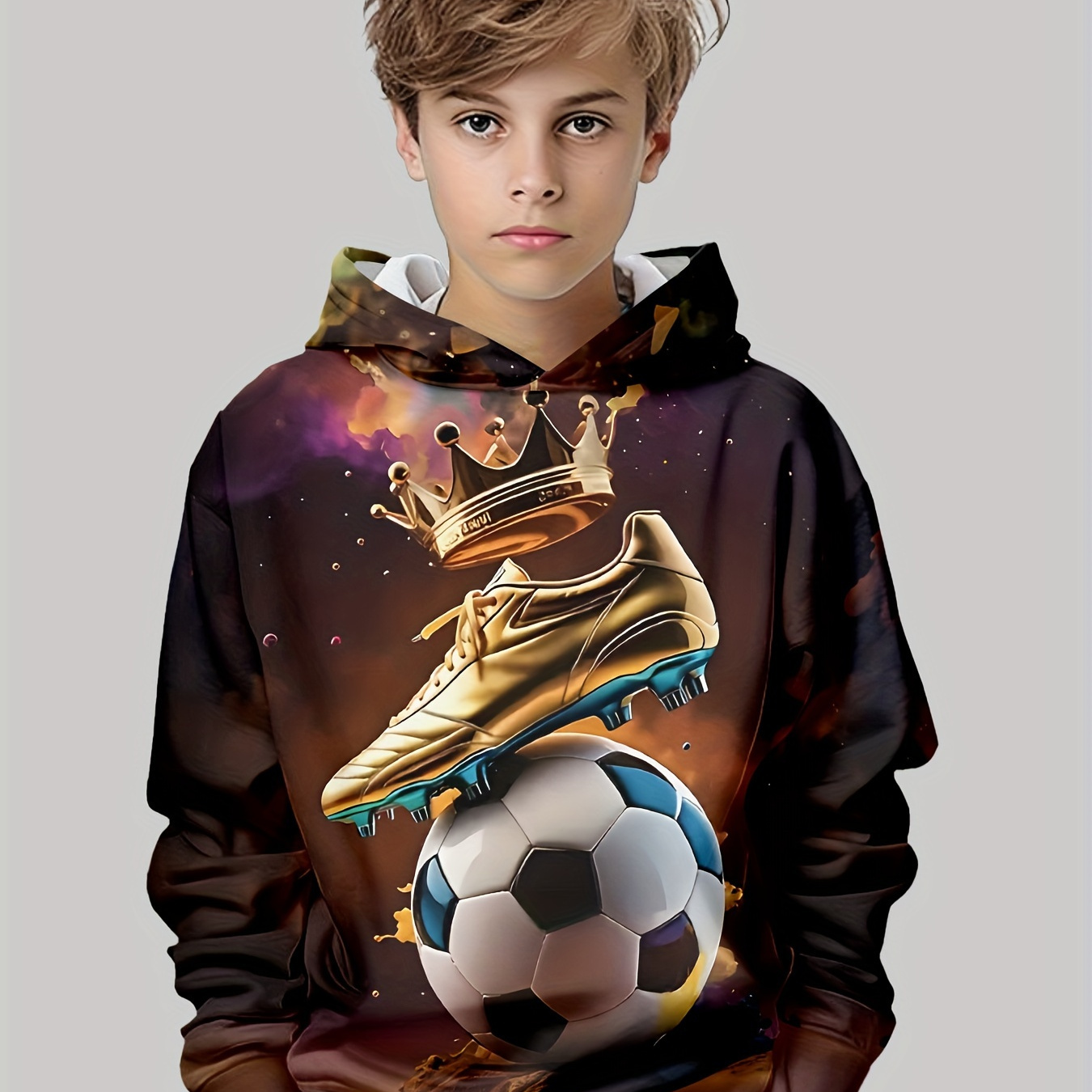 

Boys Soccer-themed 3d Print Hoodie Polyester With Cleats Graphic, Casual Hooded Pullover With Long Sleeves And Front Pocket, Stretch, Spring/fall - Polyester 95%, Spandex 5% - Sizes For 12 And Under