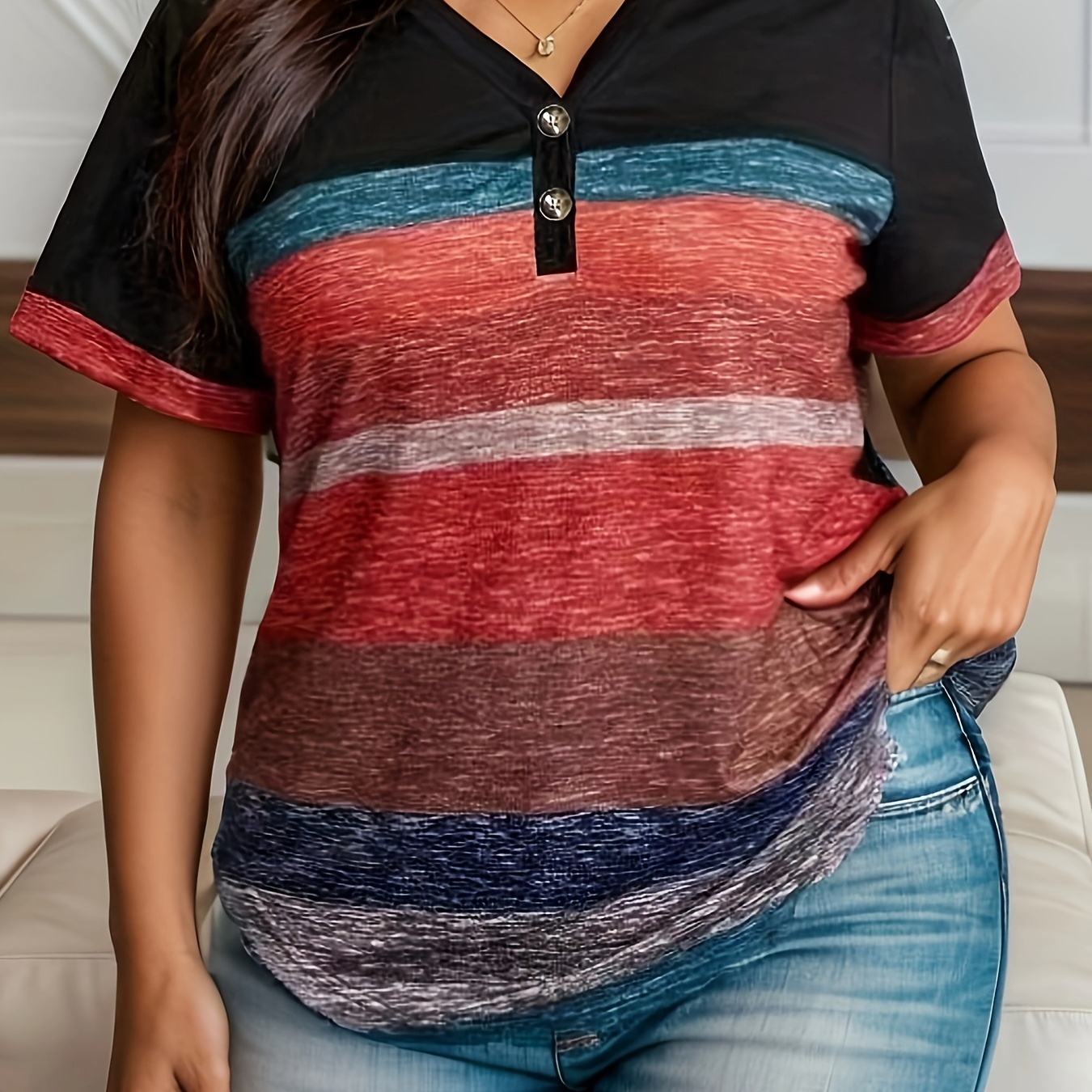 

Plus Size Colorblock Striped T-shirt, Casual Short Sleeve V Neck T-shirt, Women's Plus Size clothing