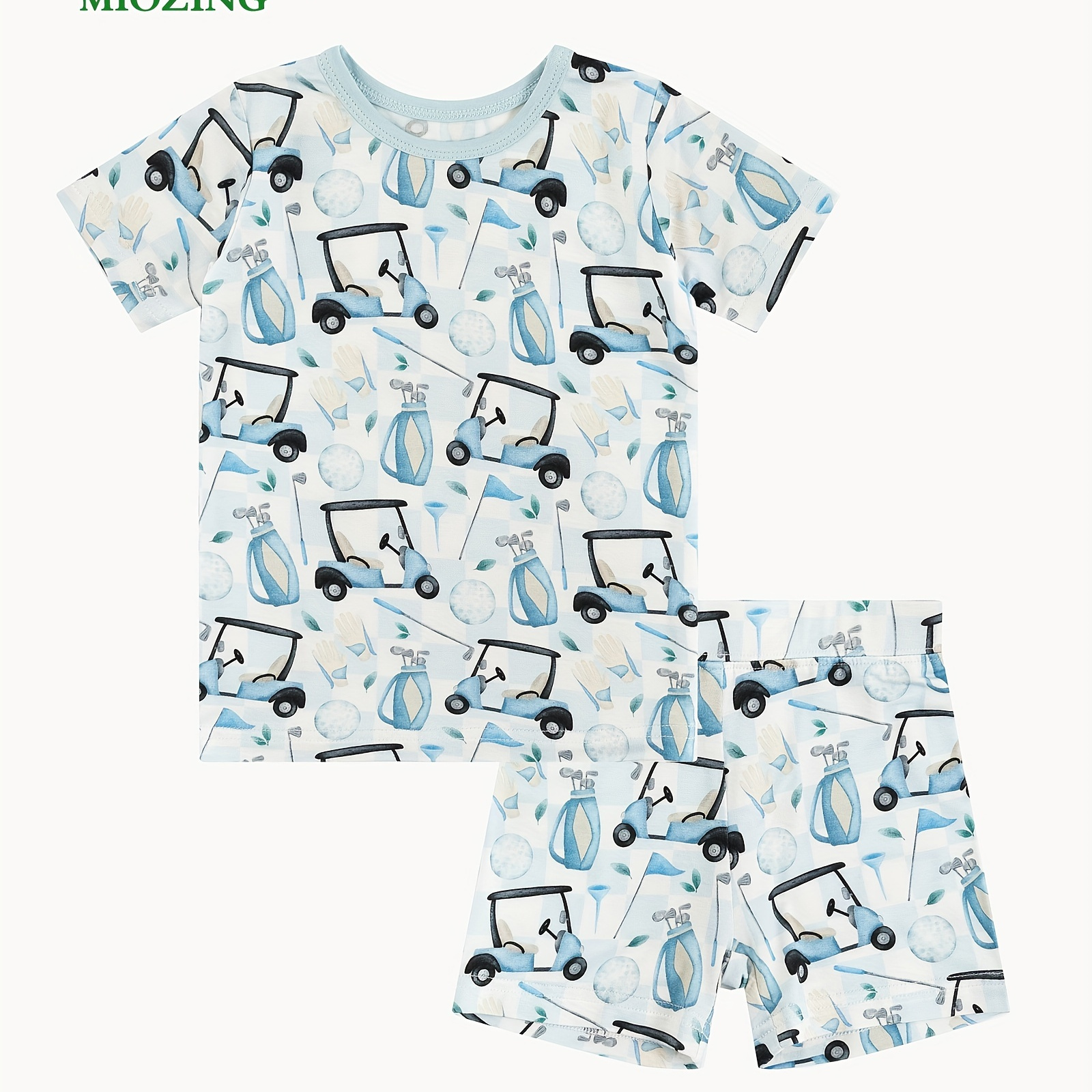 

Baby Boys Bamboo Fiber Blue Car Print Short Sleeve Pajama Set, Cute Summer Sleepwear For Kids