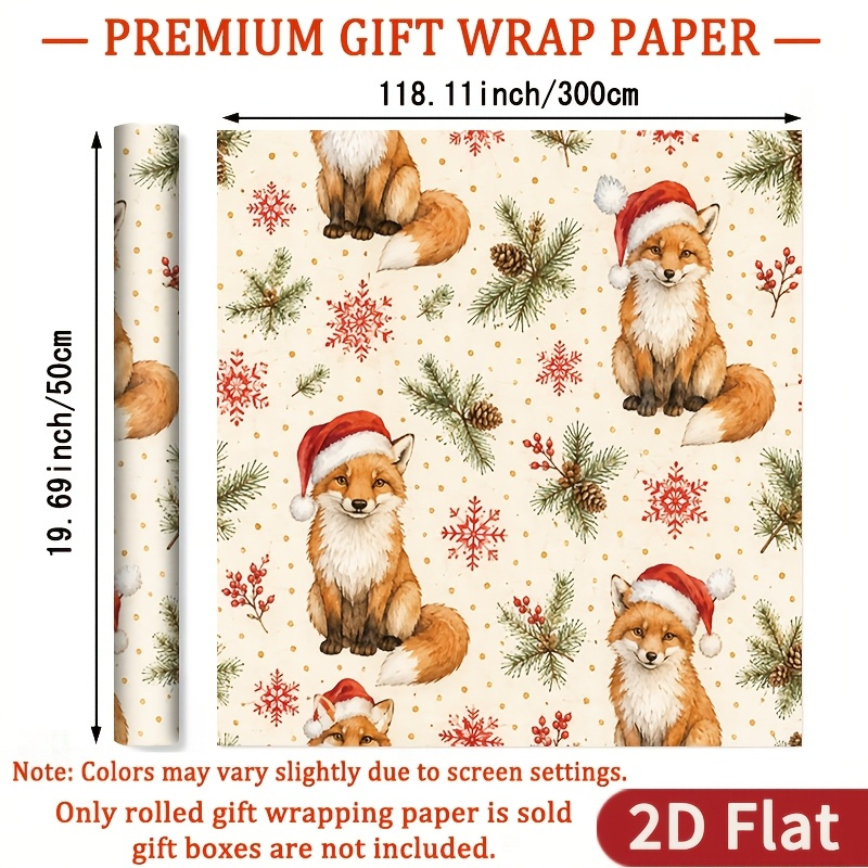 TEMU 1 Roll 2d Flat Christmas Santa Hat Fox Wrapping Paper Gift Glossy Paper - Beige Background With Wearing Santa Hat, Pine Branches And Snowflakes