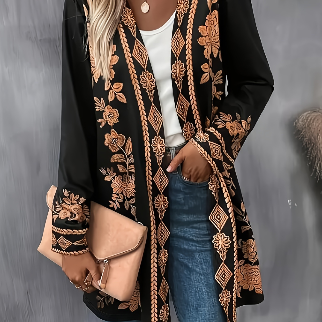 

Chic Vintage-inspired Black Cardigan With Paisley Print - Open Front, Long Sleeve, Spring/fall - Women'