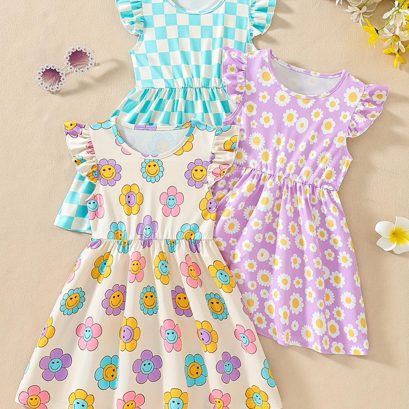 

Girls Cute Dresses 3pcs/ Set, Smile Face & Flowers & Checkered Print A-line Ruffle Sleeve Dress For Holiday Summer