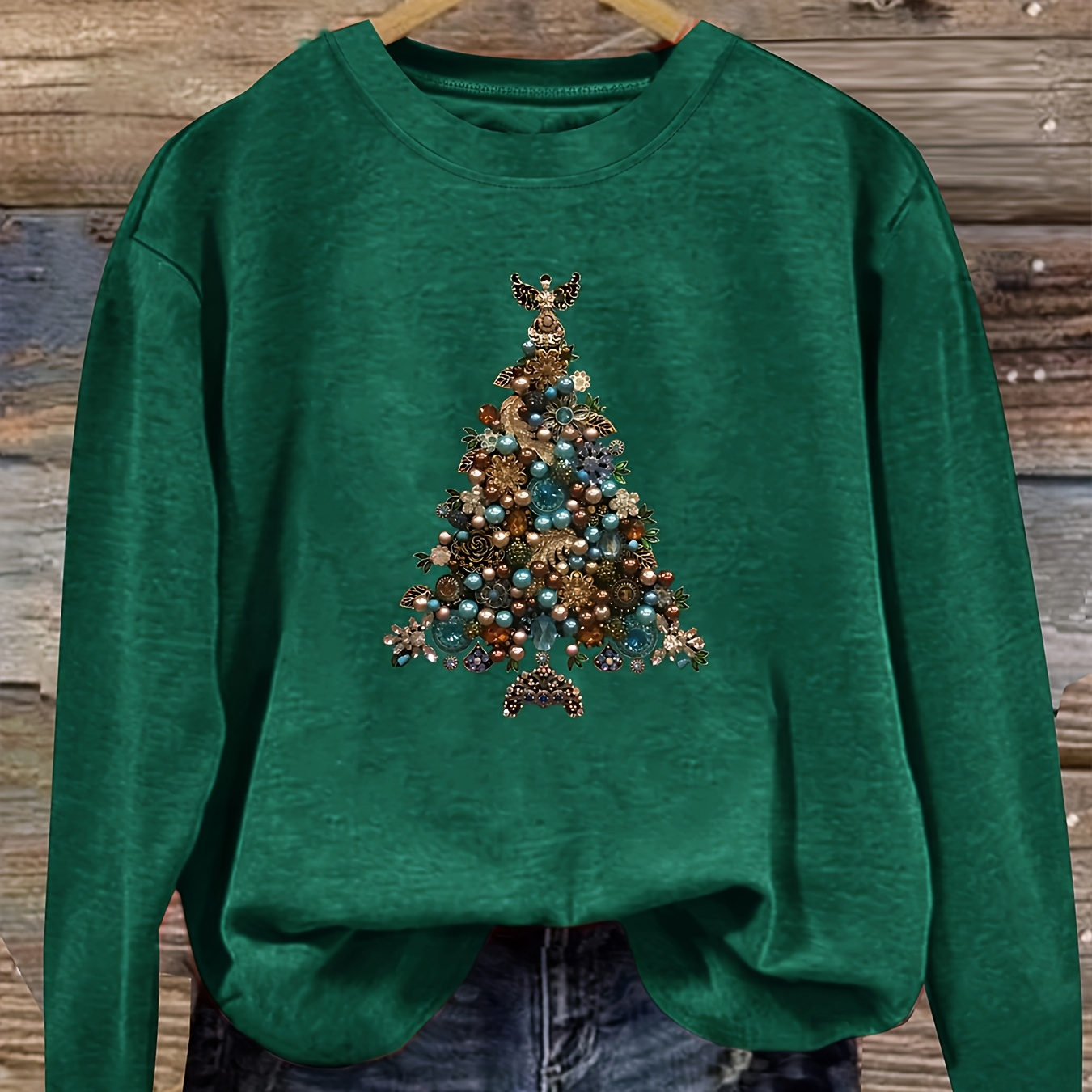 

Christmas Tree Beaded Print Women's Casual Crew Neck Long Sleeve Top