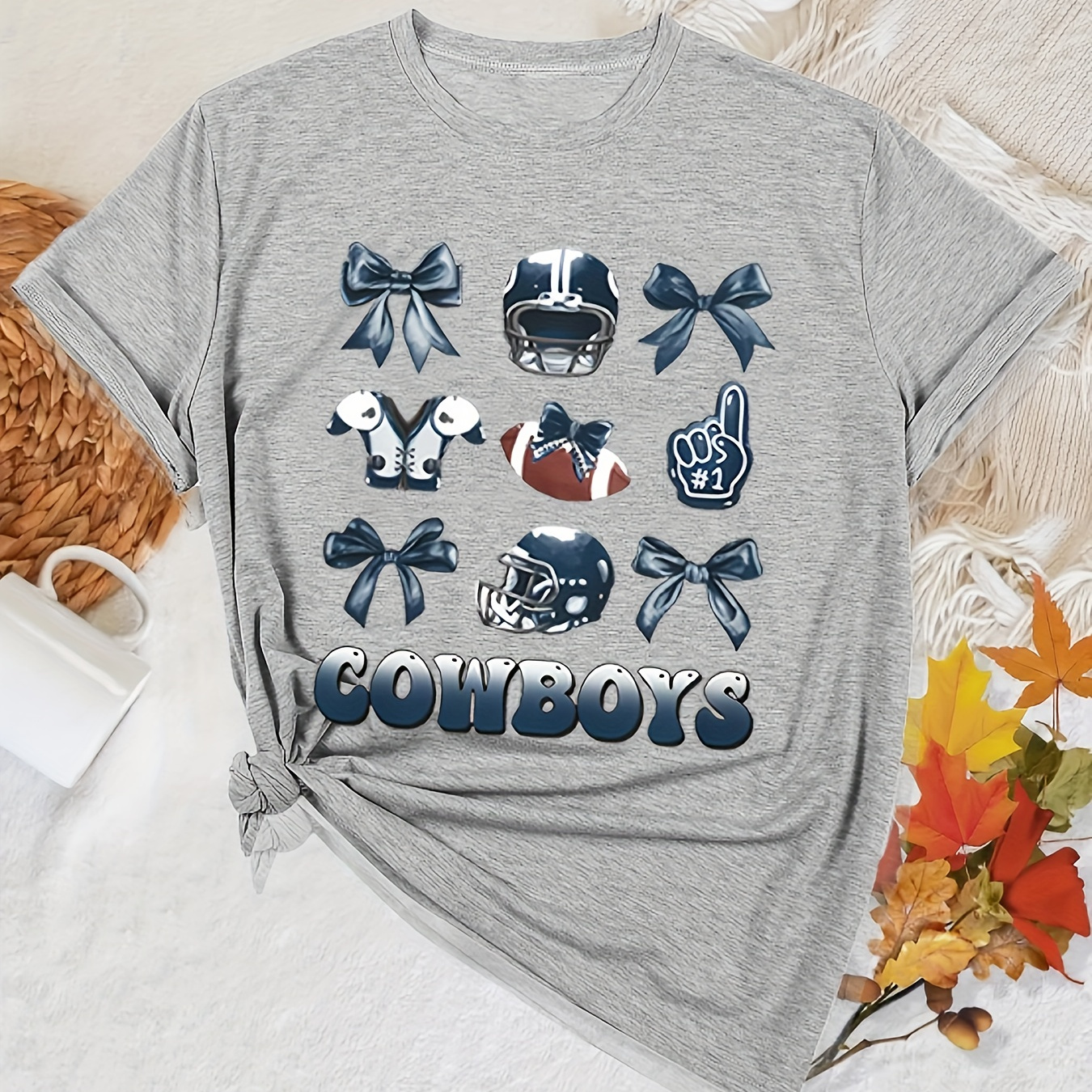 

Women's Casual Crew Neck T-shirt With Floral Football Print, 100% Polyester Knit Fabric With Slight Stretch For Summer
