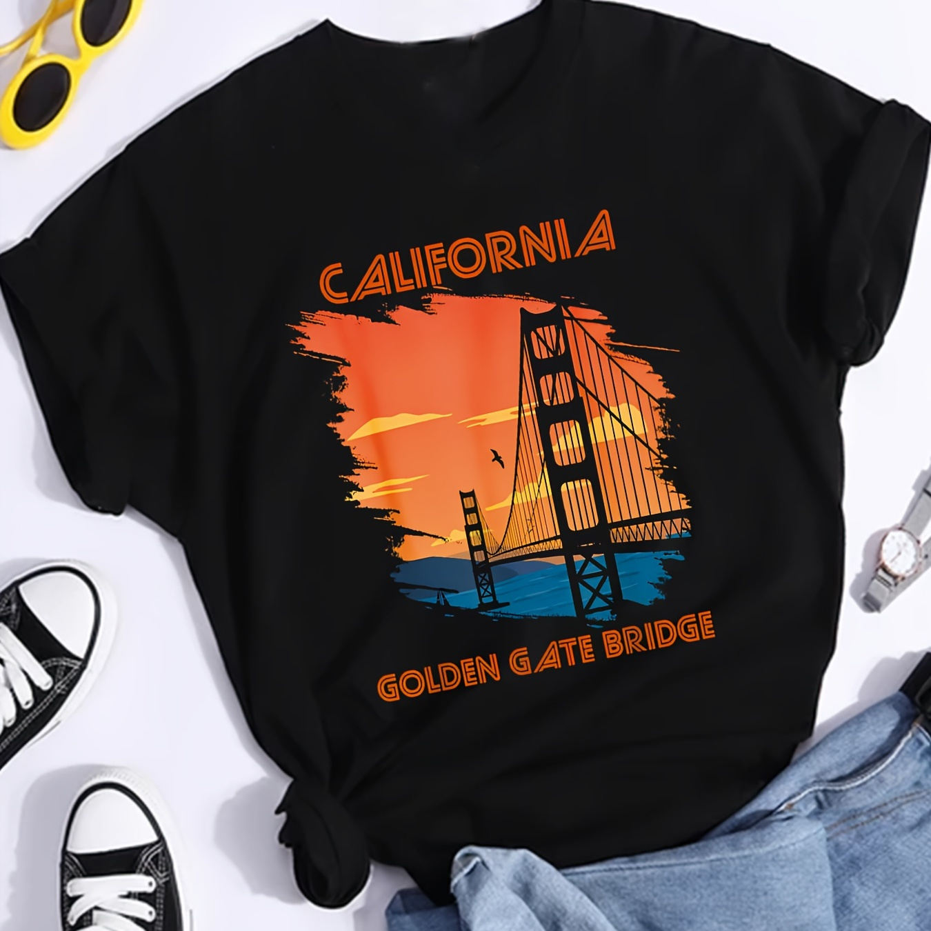 

California Print T-shirt, Casual Crew Neck Short Sleeve Top For Spring & Summer, Women's Clothing