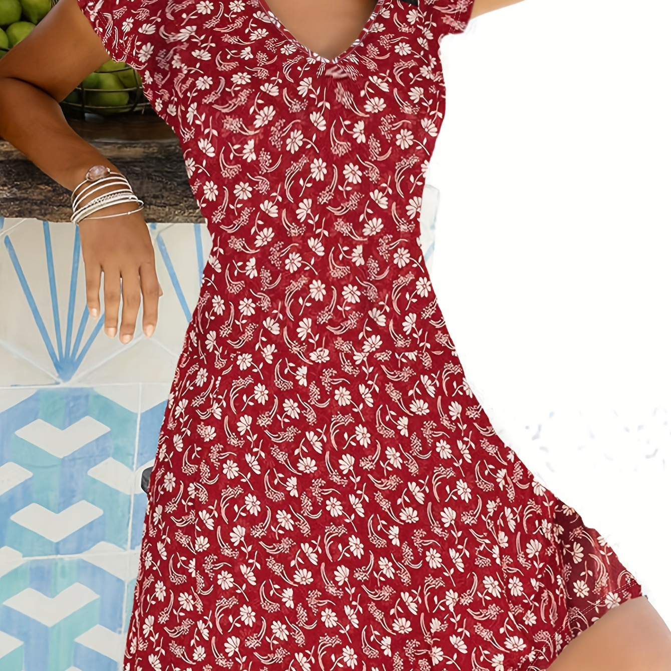 

Floral Allover Print V-neck Dress, Casual Short Sleeve Dress For Summer & Spring, Women's Clothing
