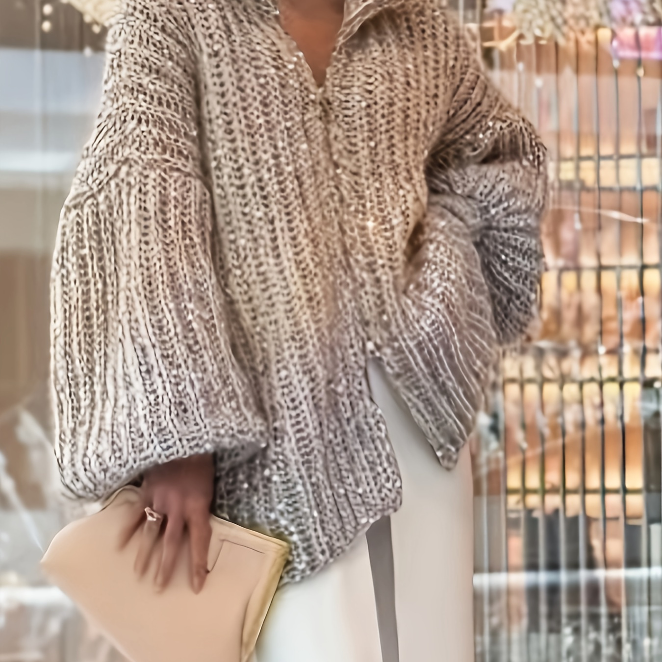 

Nouveau automne et hiver mode femme pièces pull manteau avec manches lanterne, couleur unie, col , style et décontracté, incarne l'élegance européenne et américaine, avec un design cardigan chic.