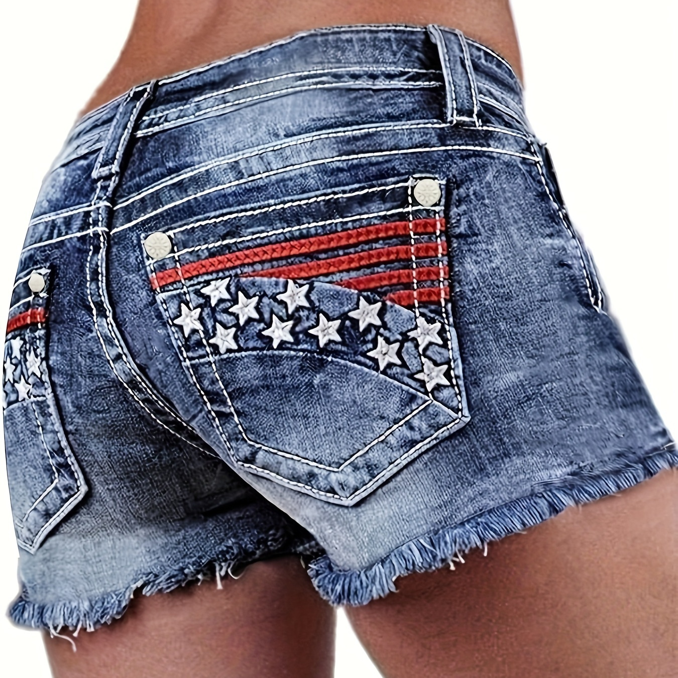 

Women's Bohemian Style High Stretch Denim Shorts, Ameican Flag Embroidered Independence Day 4th Of July Frayed Tassel Hem Shorts