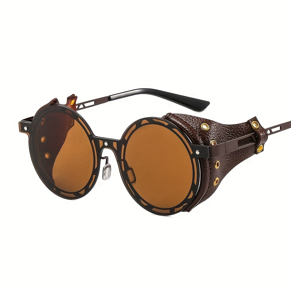 

Metal Steampunk Vintage Fashion Glasses Round Frame Stylish Mirrored Eyeglasses Leather Frame Glasses