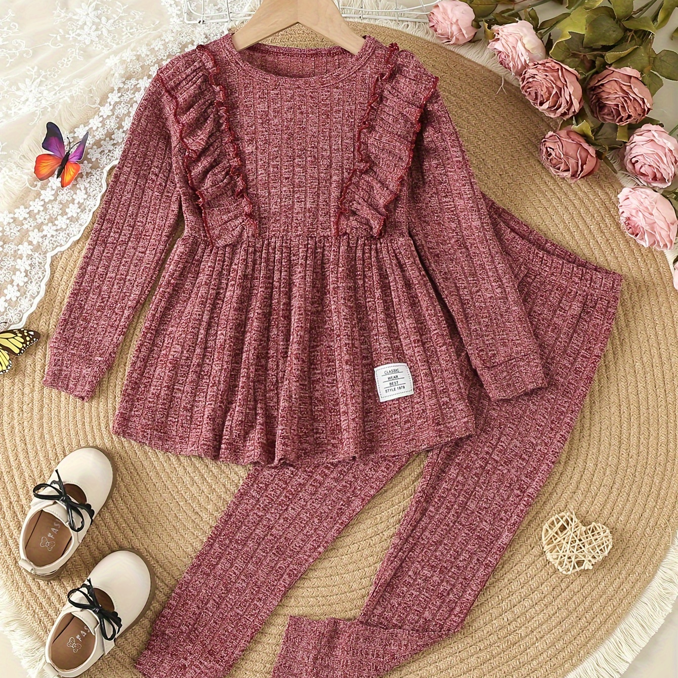 

2pcc, Solid Ruffle Trim Knit Top + Pants Set Comfy Outfits For Toddler Girls Spring Fall Gift