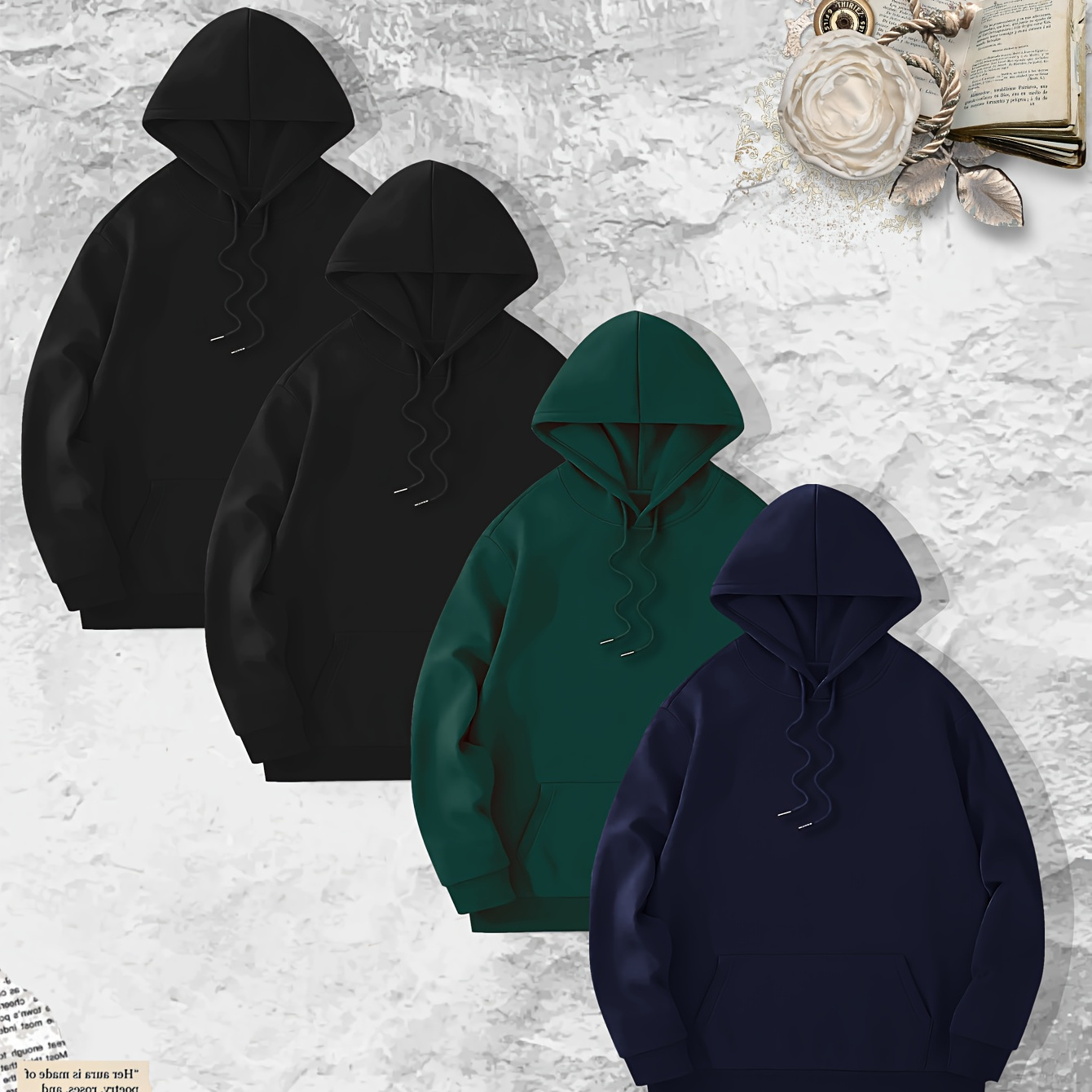 

4pcs Cool Hoodies Set For Men, Men's Casual Basic Solid Hooded Sweatshirt Streetwear For Winter Fall, As Gifts