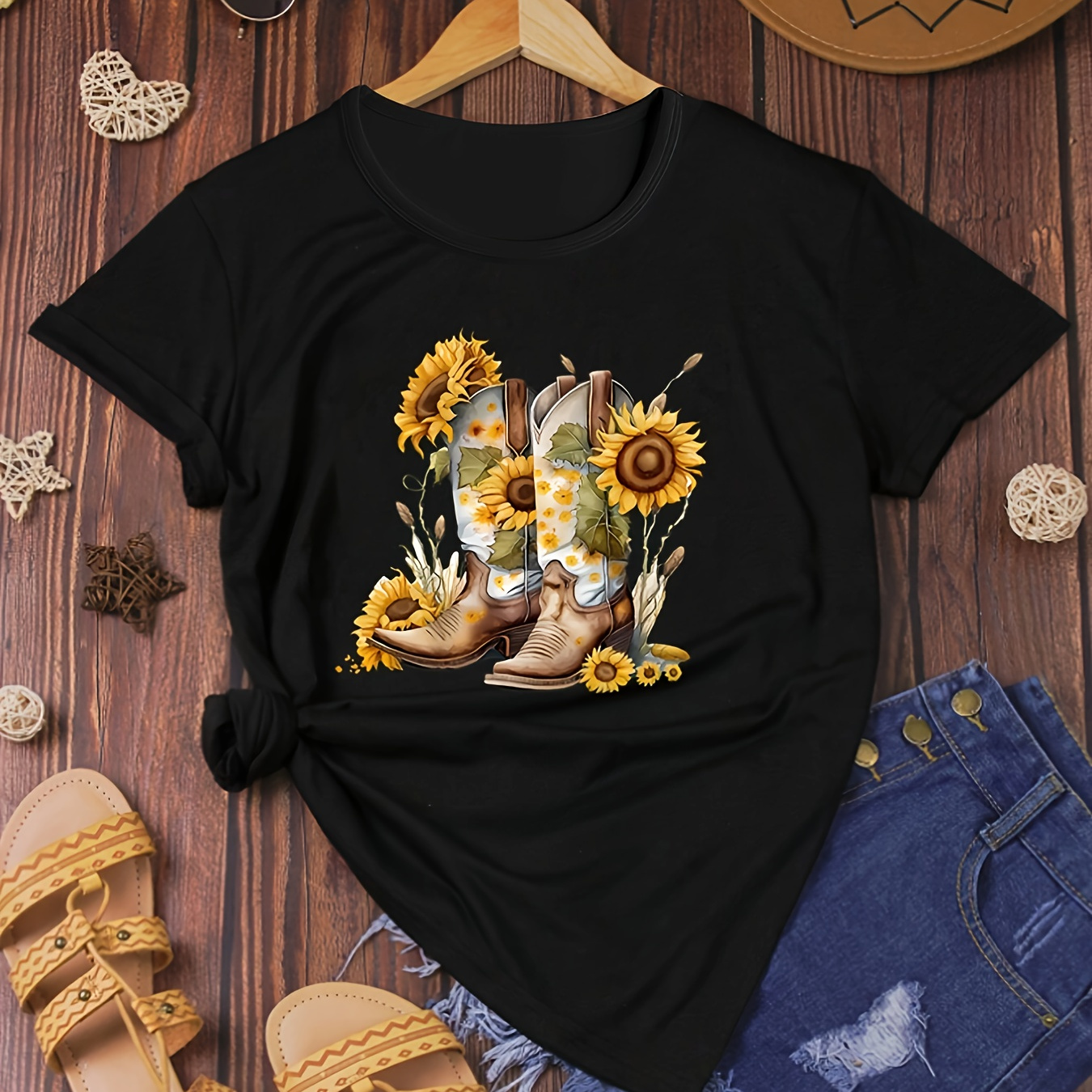

Cowboy Boots Print T-shirt, Casual Crew Neck Short Sleeve Top For Spring & Summer, Women's Clothing