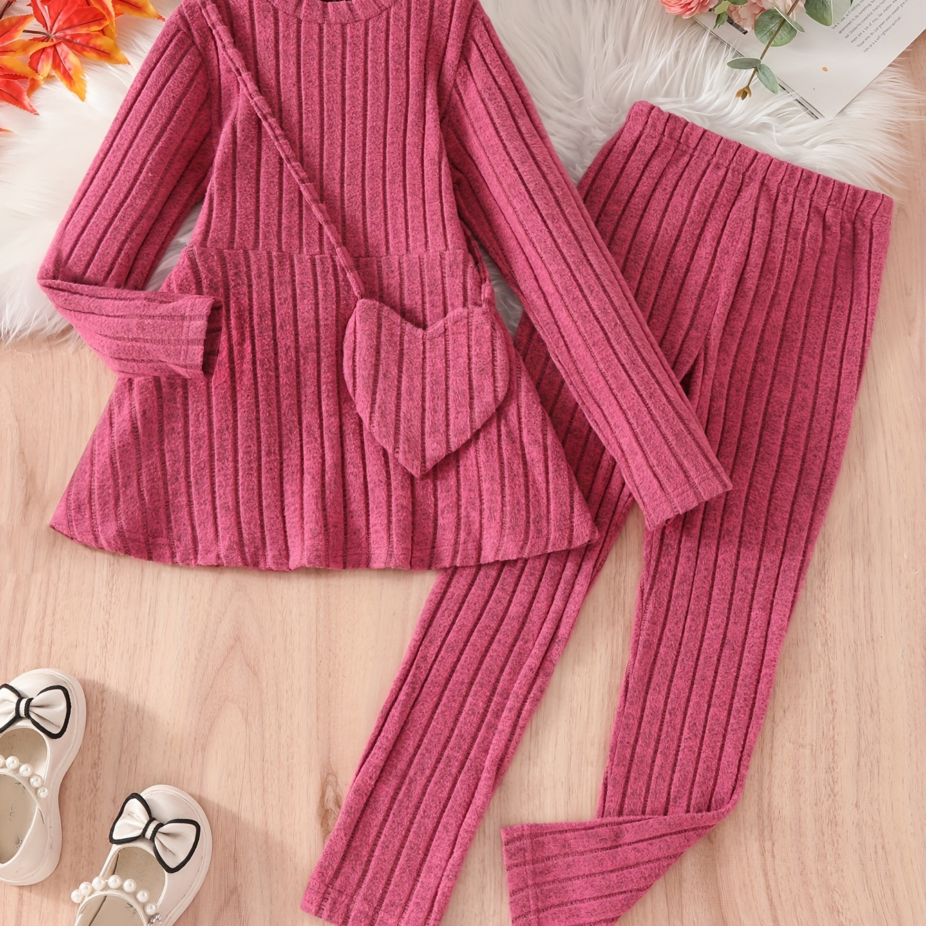 

1 Set 's Ribbed Long-sleeve Top + Pants - & Fall Outfit, For Hanging Out, As