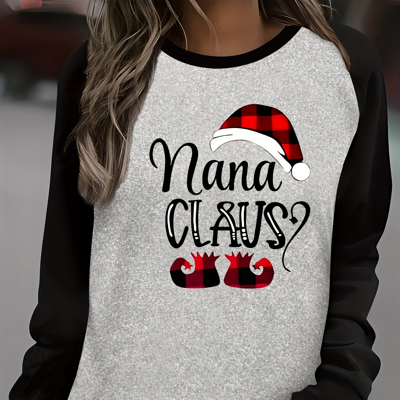 

Nana Claus Christmas Sweatshirt For Women - Casual Round Neck Long Sleeve T-shirt With Plush Santa Hat And Reindeer Design, Polyester Knit Fabric, All-season Comfort