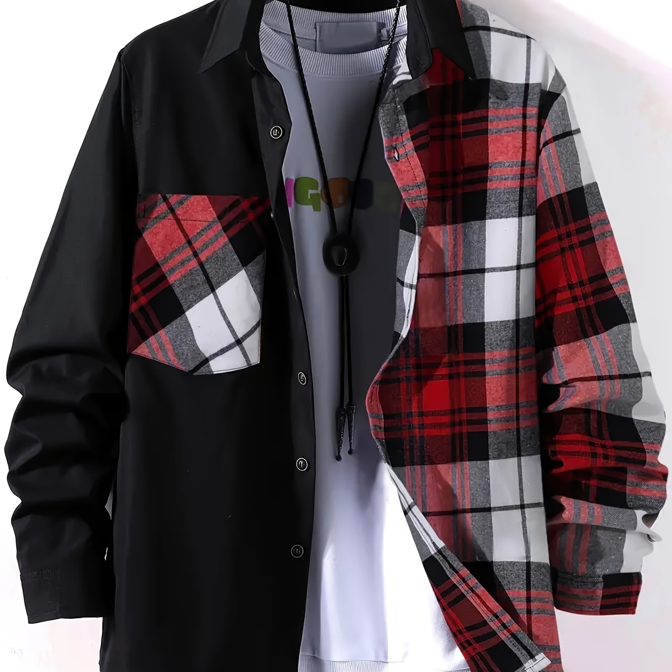

1 Size Small, Plus Size Men's Colorblock Plaid Shirt With Breast Pocket, Oversized Loose Clothing For Big And Tall Guys, Buy According To The Scale Table