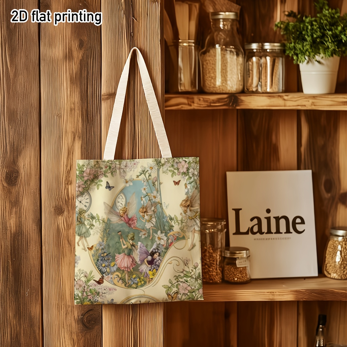 TEMU 2d Flat 1pc Vintage Fairytale Clock, Fairies, Flowers Durable Tote Bag, Duplex Prints Garden, Magical Creatures, Floral Clocks Ideal For Grocery