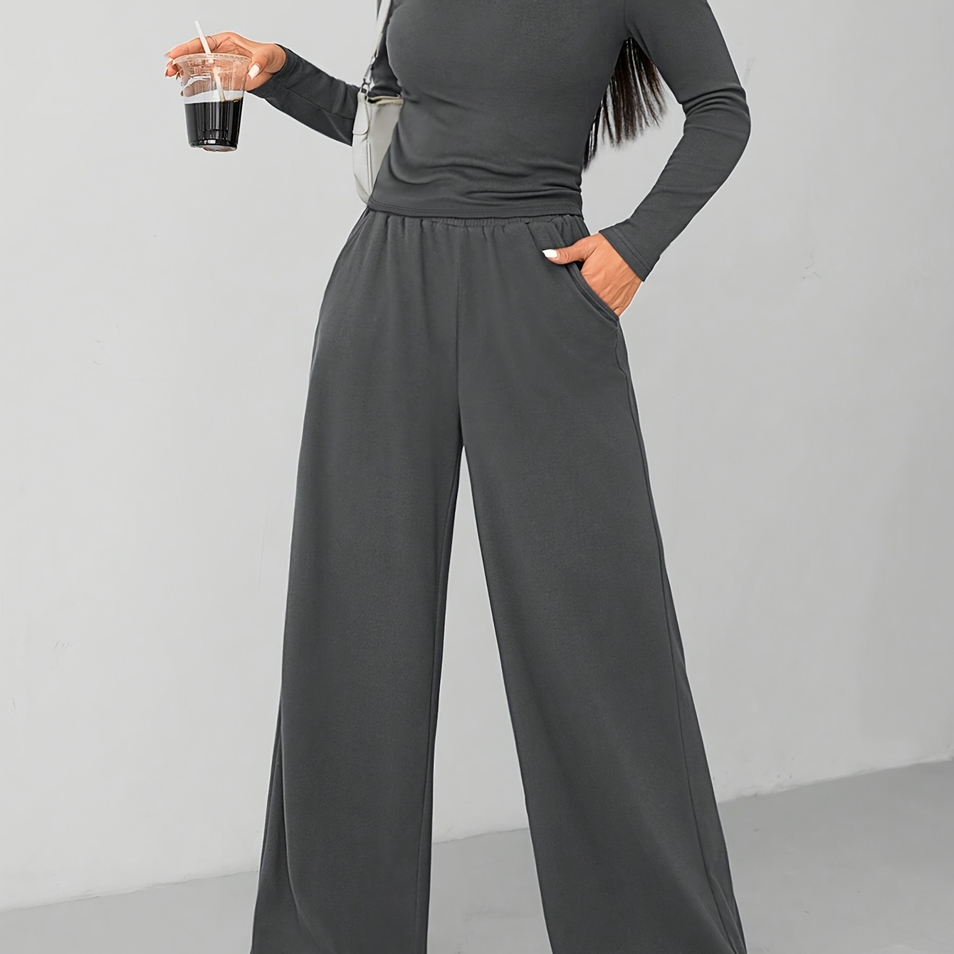 

Women's Off-shoulder Long Sleeve Top & -leg Pants Set - Stretchy Polyester , , Non-sheer -