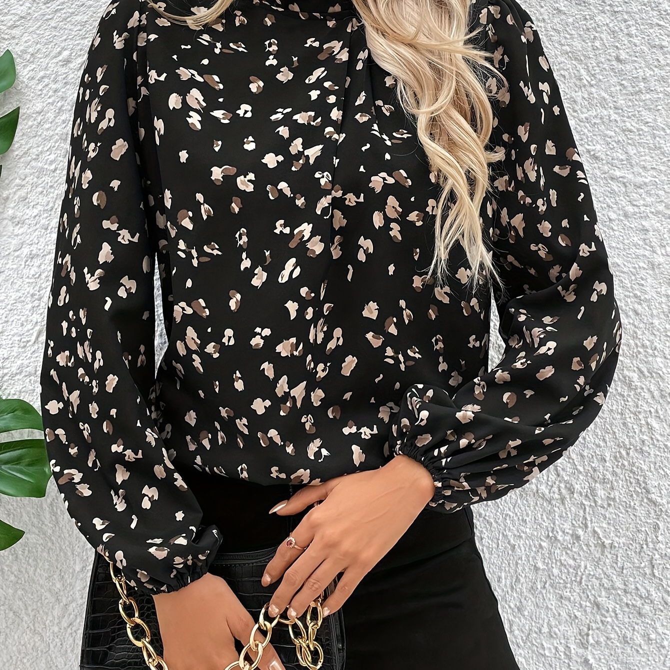 

Floral Print Mock Neck Tuck Blouse, Casual Long Lantern Sleeve Top For Spring & Fall, Women's Clothing