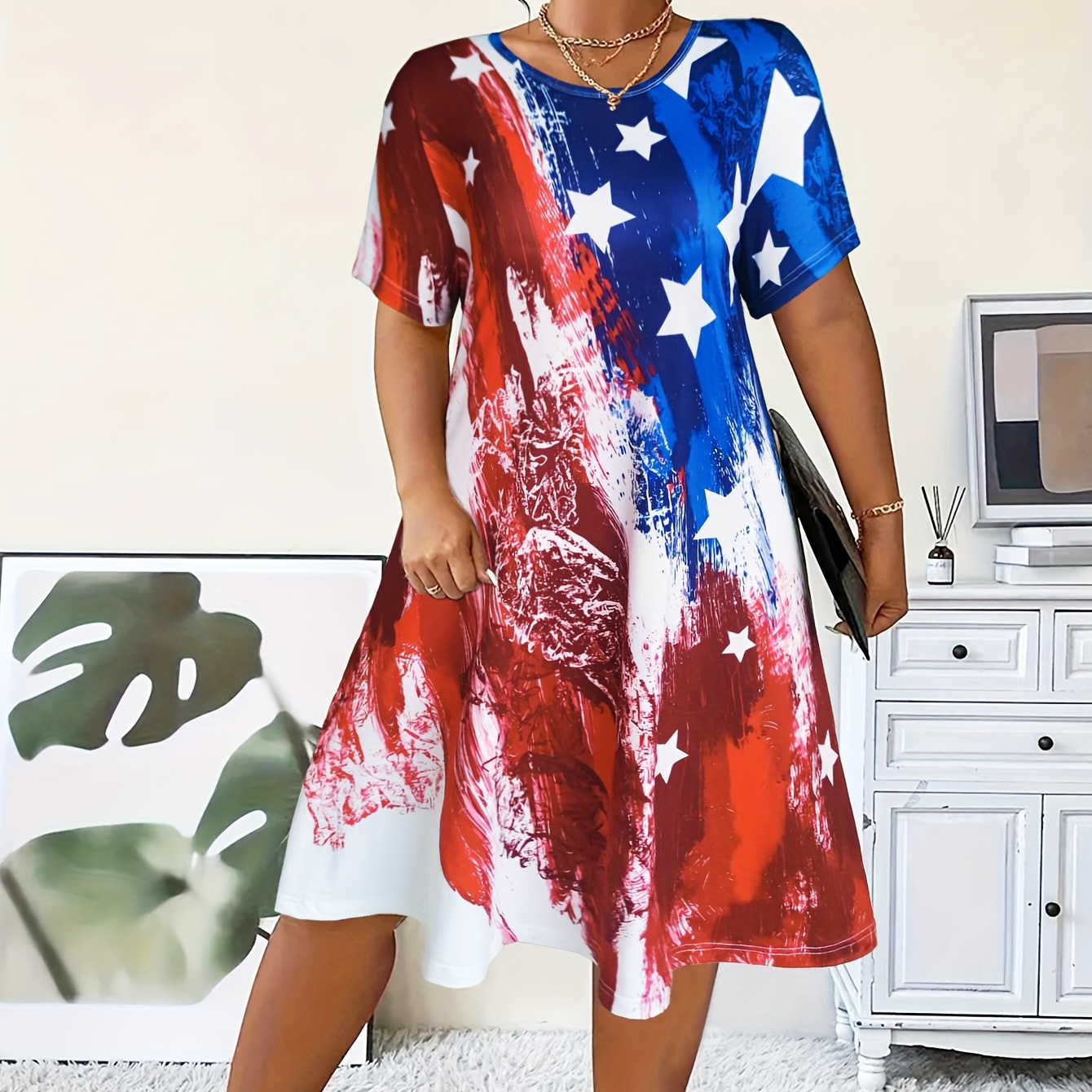 

Plus Size Independence Day Flag Print Tee Dress, Casual Short Sleeve Crew Neck Dress For Spring & Summer, Women's Plus Size Clothing