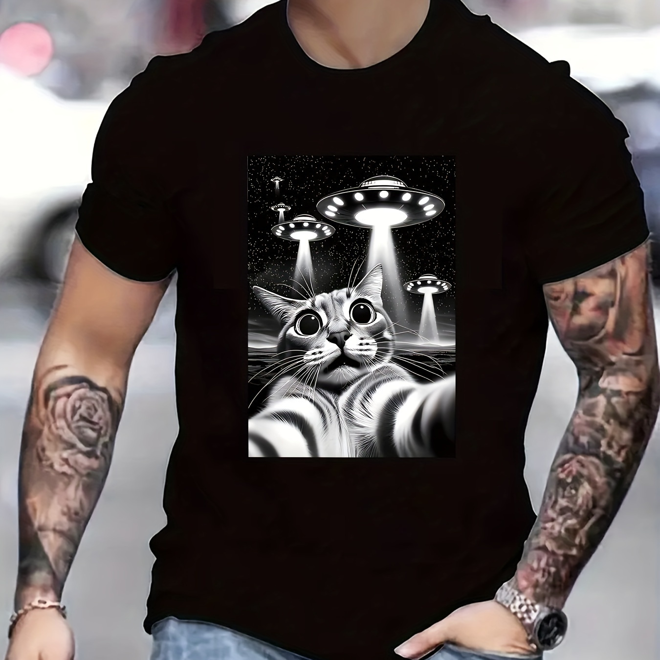 

Cat Selfie Print Crew Neck T-shirt For Men, Casual Short Sleeve Top, Men's Clothing