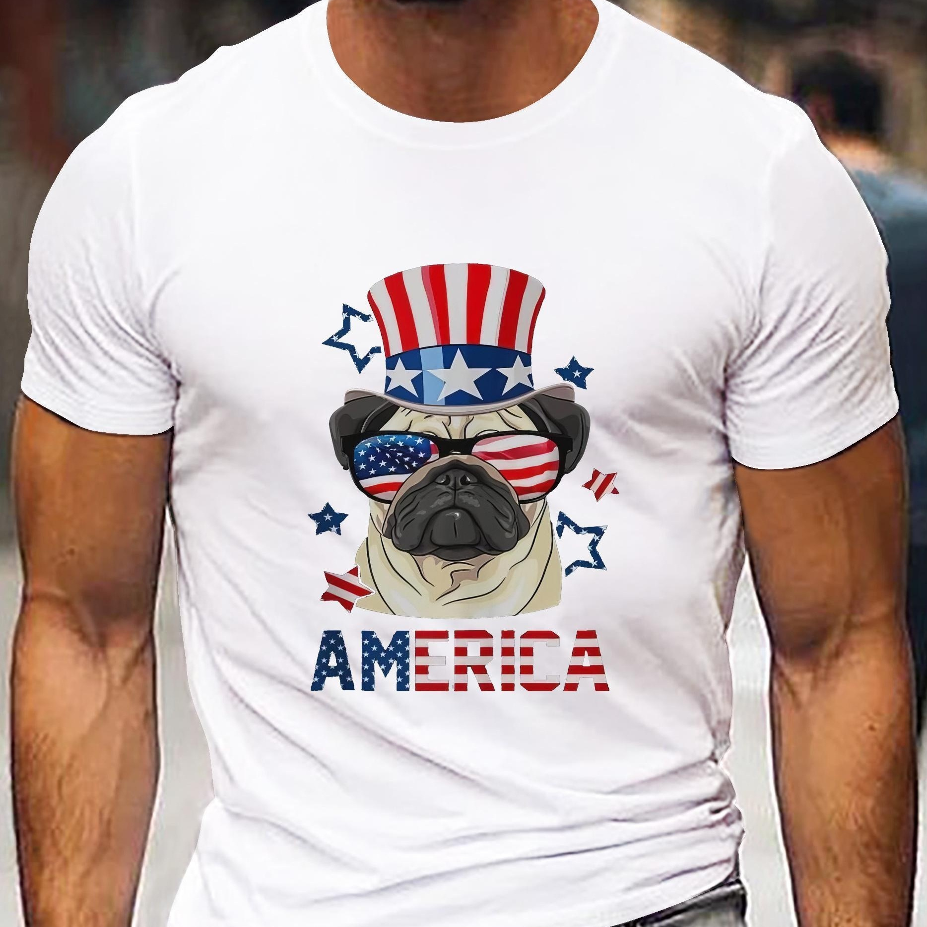 

America Dog, Independence Day Theme Print Tee Shirt, Tees For Men, Casual Short Sleeve T-shirt For Summer