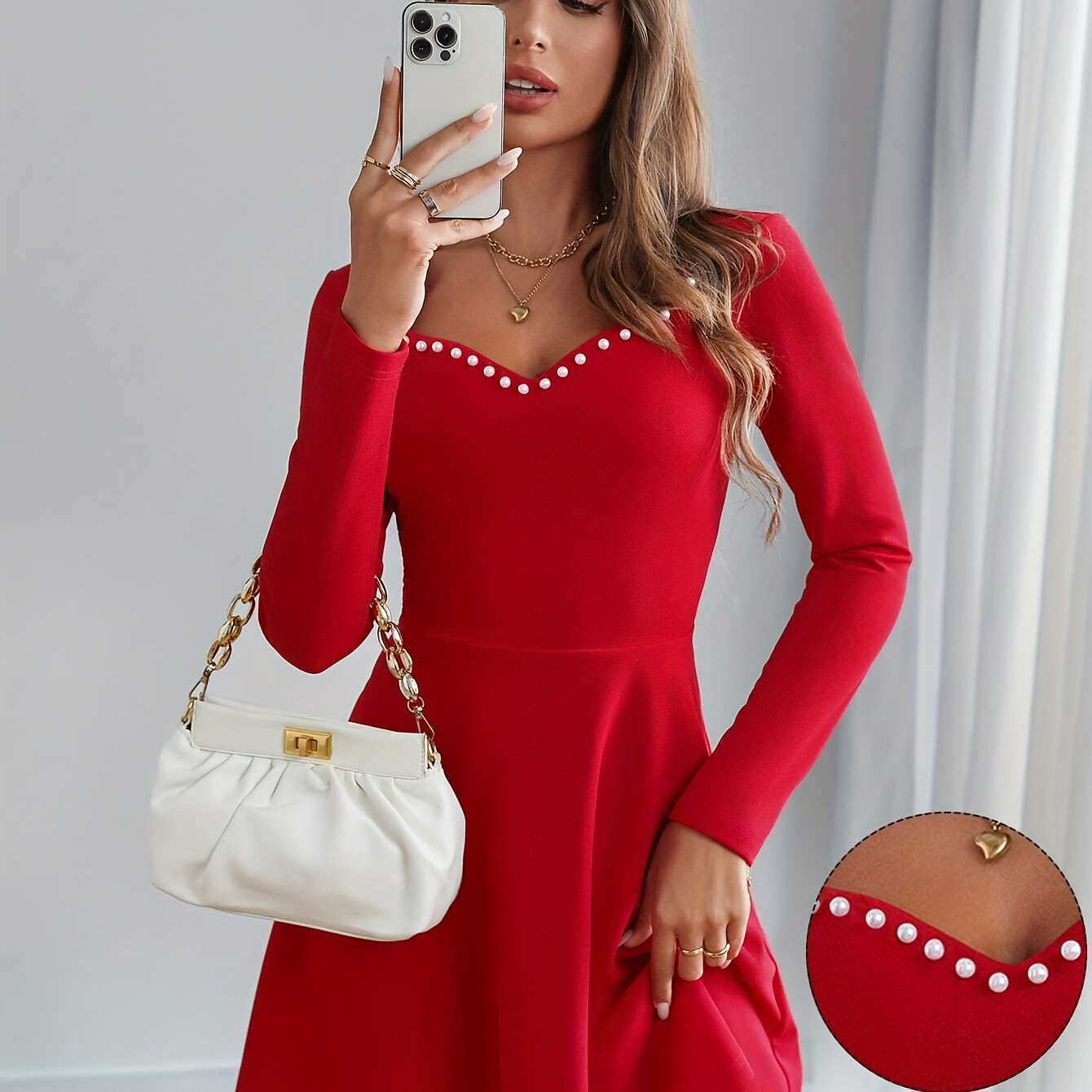 

Beaded Decor A-line Long Sleeve Dress, Elegant Solid Color Neck Dress For Party, Women's Clothing