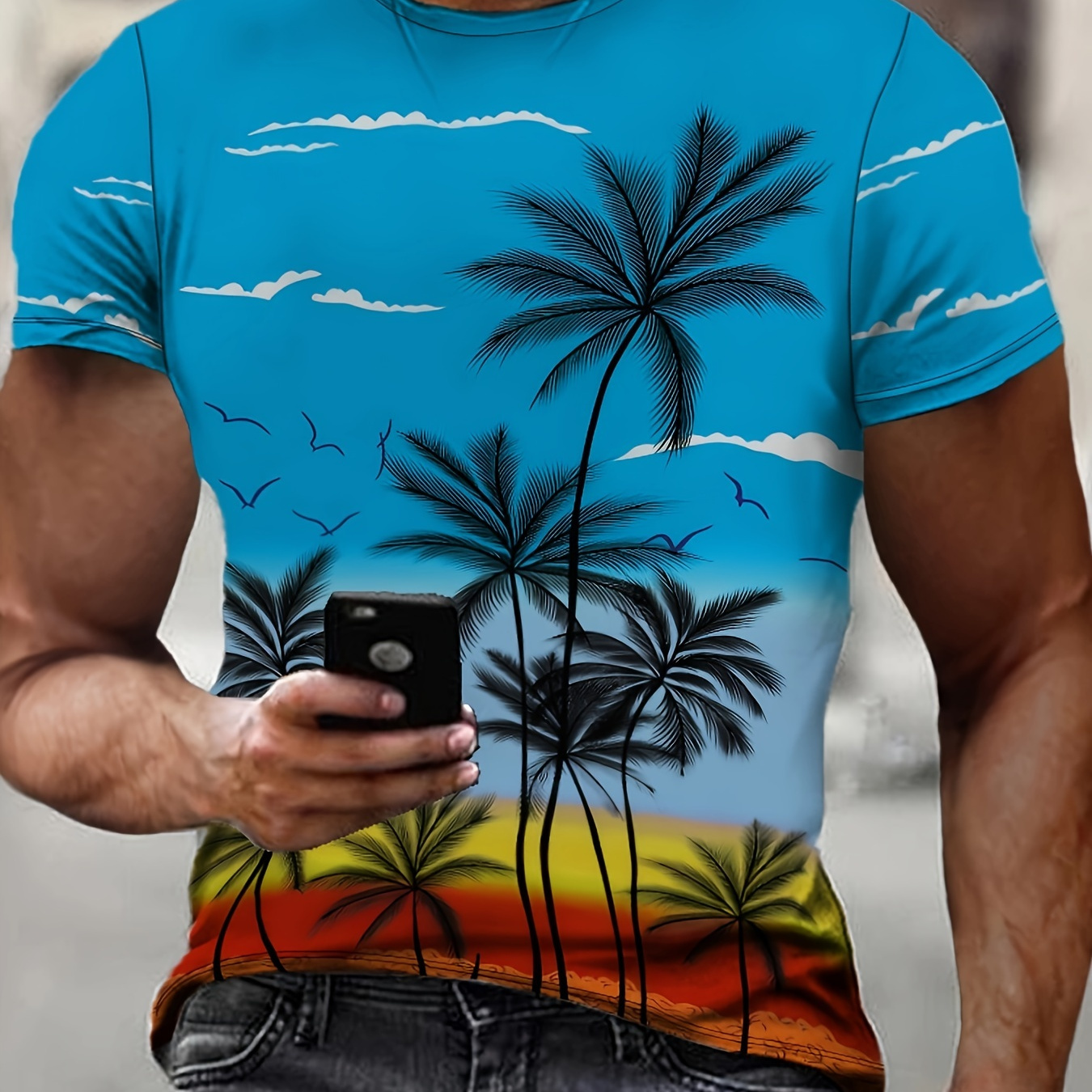 

Men's Coconut Trees Print T-shirt, Casual Short Sleeve Crew Neck Tee, Men's Clothing For Outdoor