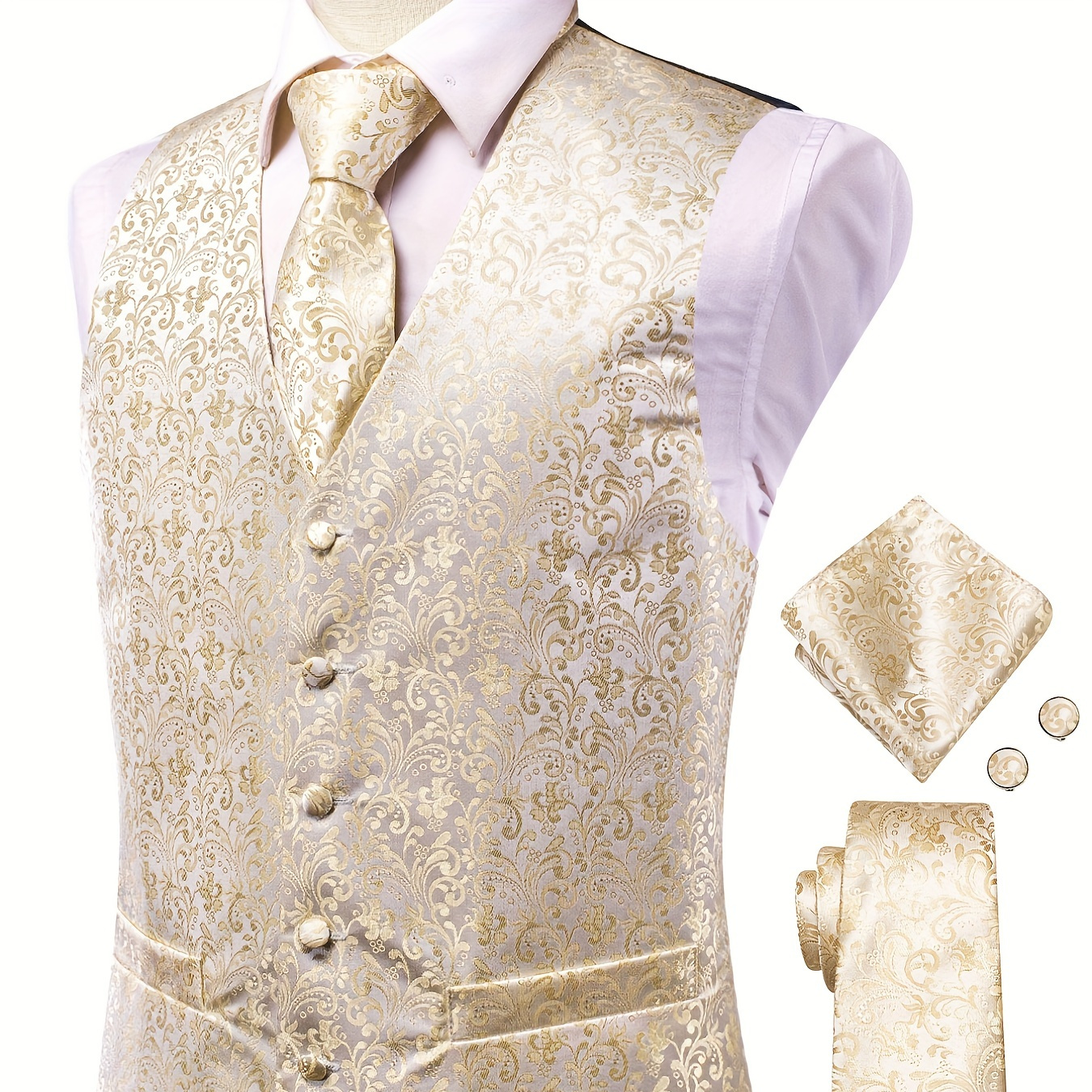 

4pcs Elegant Paisley Dress Set, Men's Formal Suit Vest & Tie & Cufflinks & Hanky Accessories Set For Dinner Wedding Banquet Party