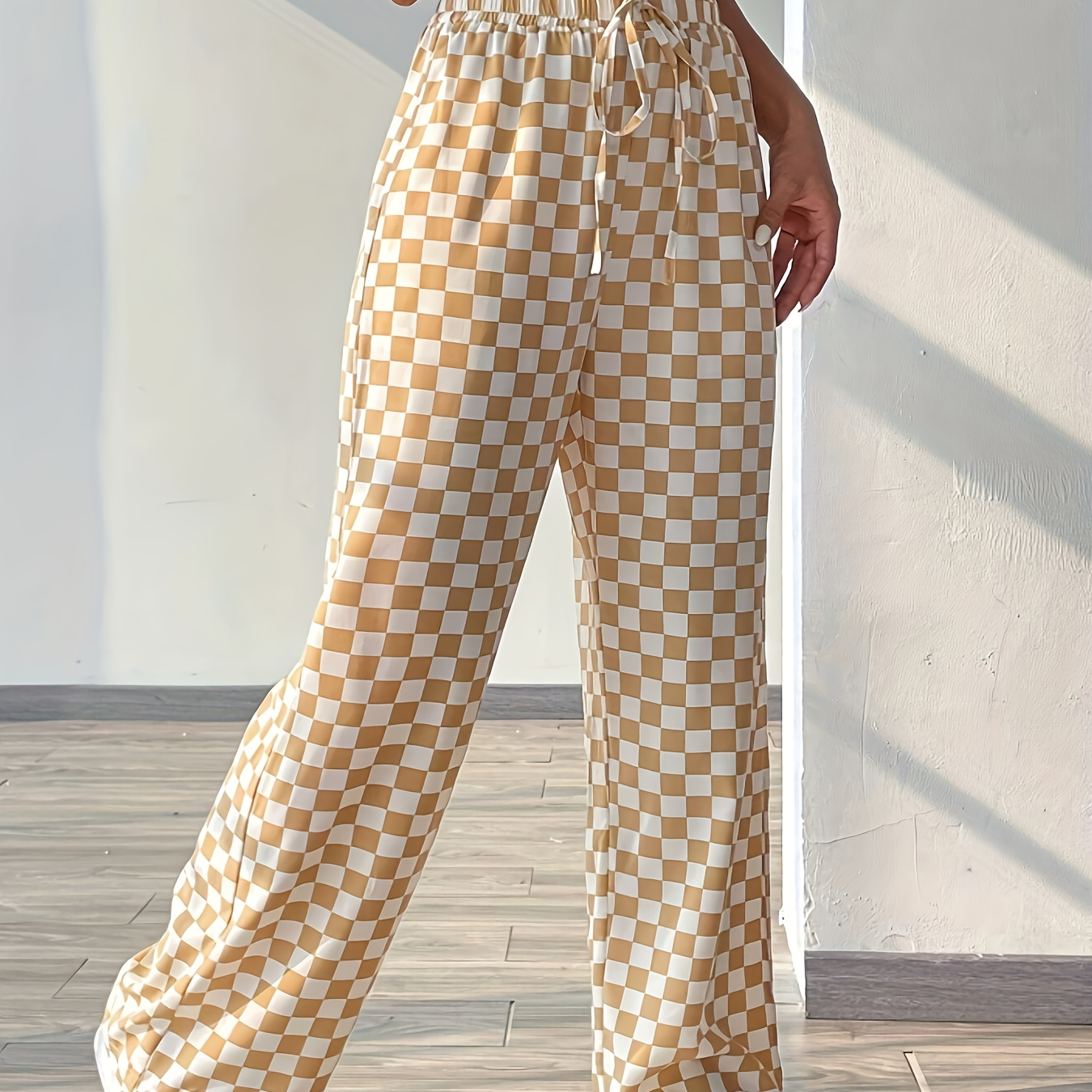 

Checked Print Wide Leg Pants, Casual Drawstring Loose Pants For Spring & Summer, Women's Clothing