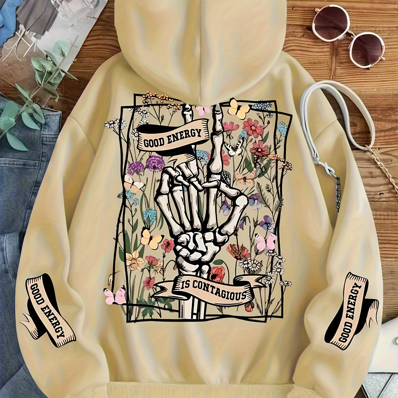 

Skeleton Drawstring Hoodie, Casual Long Sleeve Hooded Sweatshirt With Kangaroo Pocket For Fall & Spring, Women's Clothing