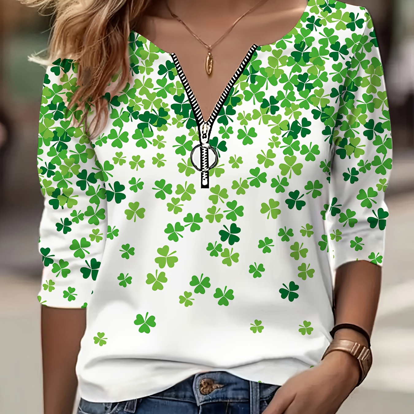 

's Day Clover Full Print Half Zip T-shirt, Casual Long Sleeve Top, Women's Wear