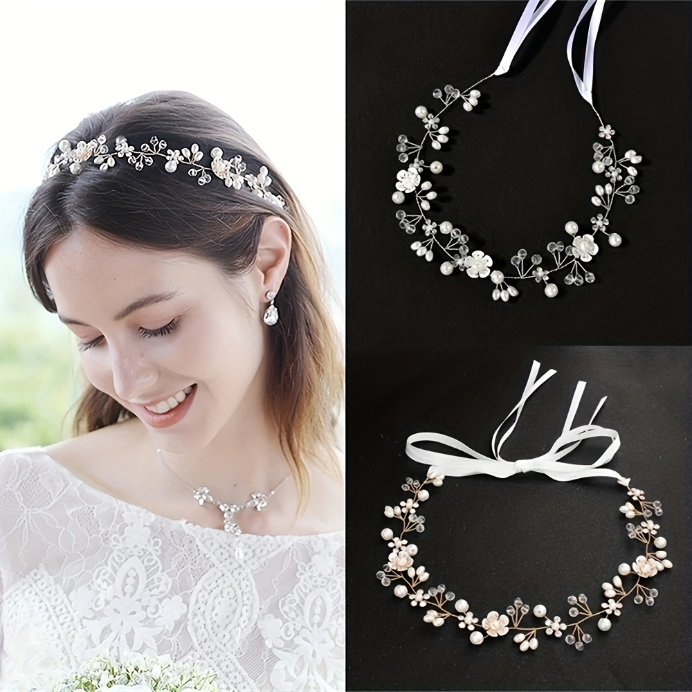 Flower Faux Pearl Headbands Woven Veil Wedding Accessories - Temu
