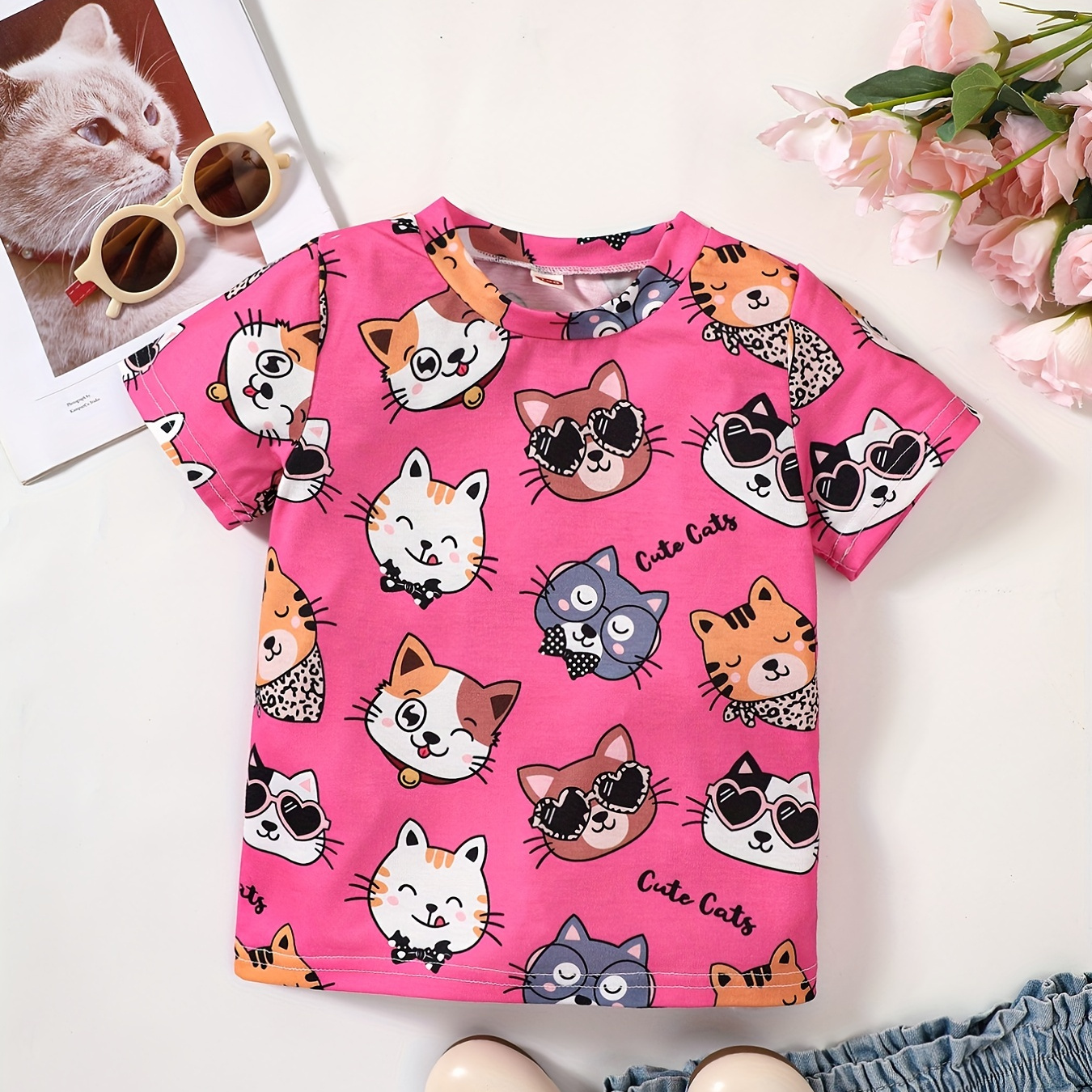 

Girl's Cute Cat Graphic T-shirt, Children's Trendy Street Oufits, Summer Casual Clothes