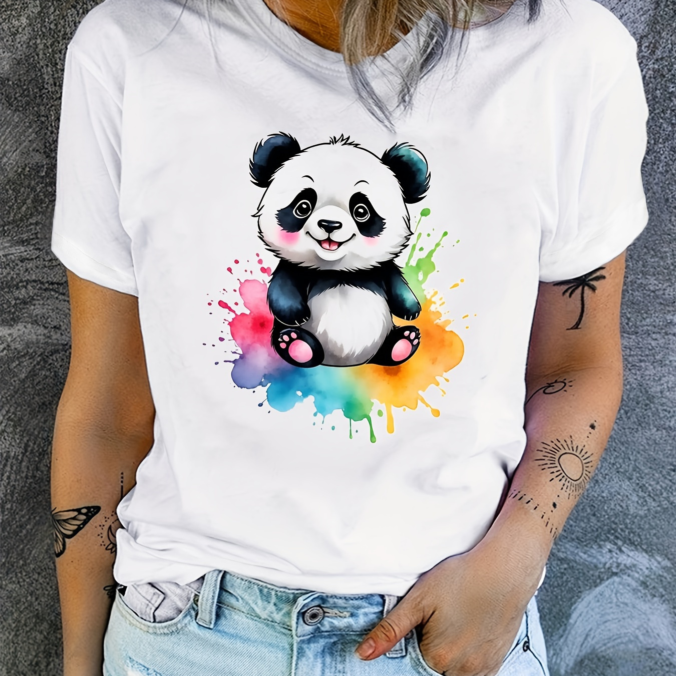 

Cute Panda Print Summer T-shirt, Casual Short Sleeve Crew Neck Top, Women's Clothing