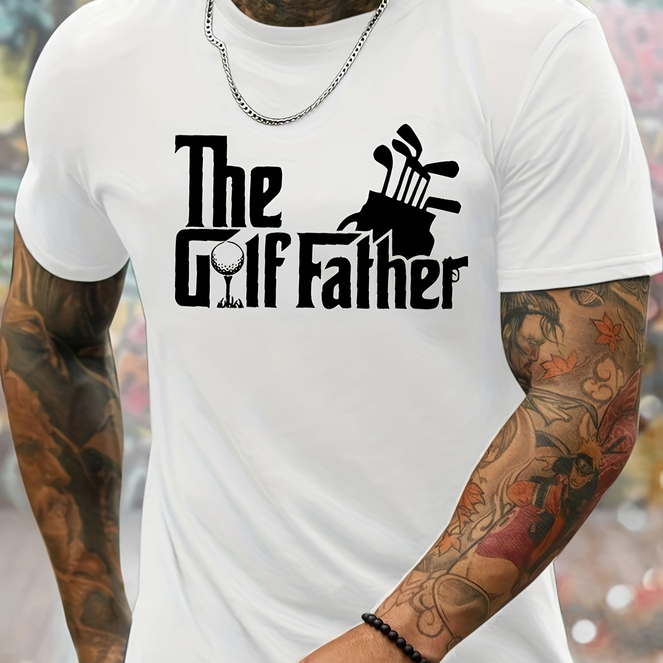 

The Golf Father Print Men's Crew Neck Fashionable Short Sleeve Sports T-shirt, Comfortable And Versatile, For Summer And Spring, Athletic Style, Comfort Fit T-shirt, As Gifts