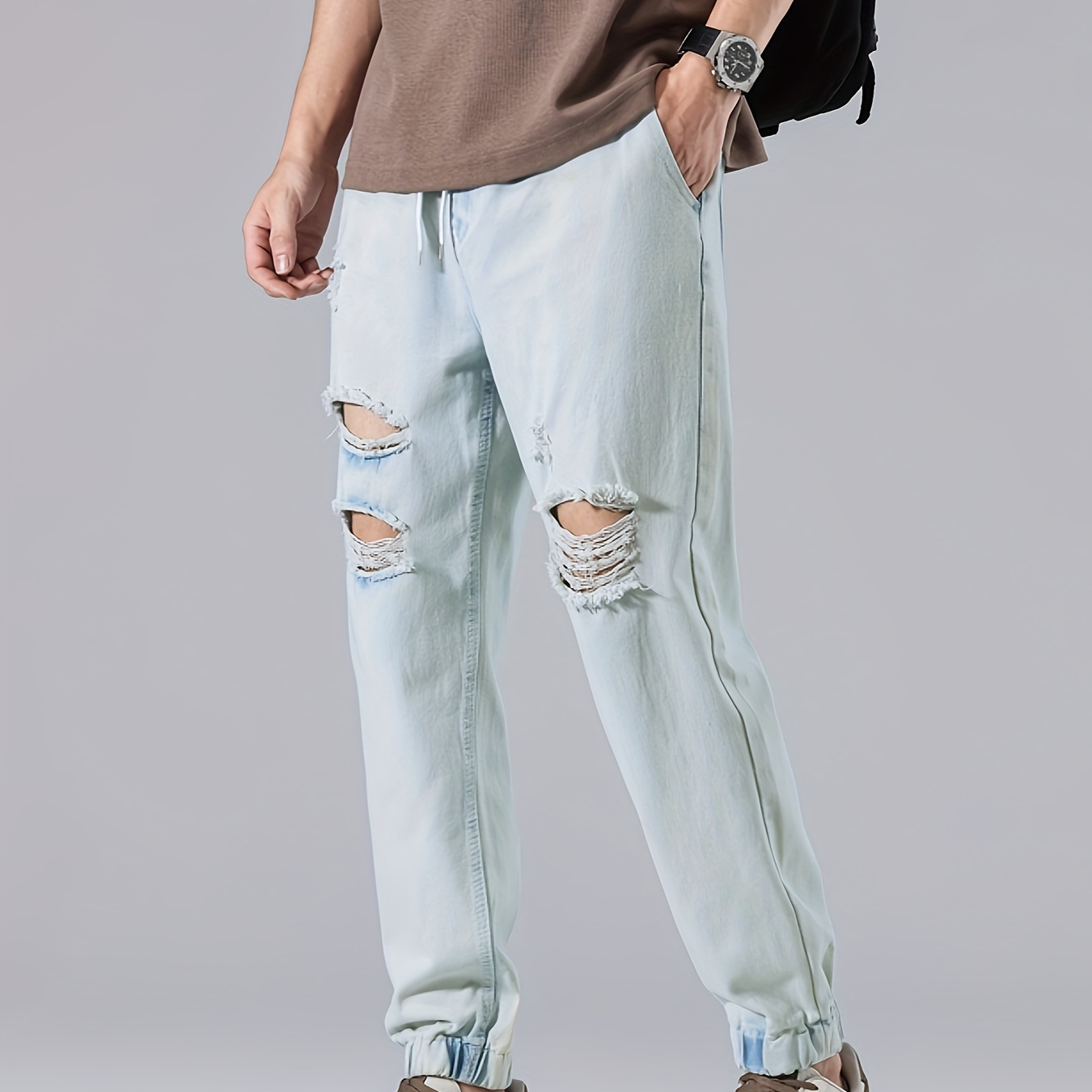 

Men's Light Wash Ripped Jeans With Drawstring Waist And Cuffed Ankles, Casual Style Denim Pants