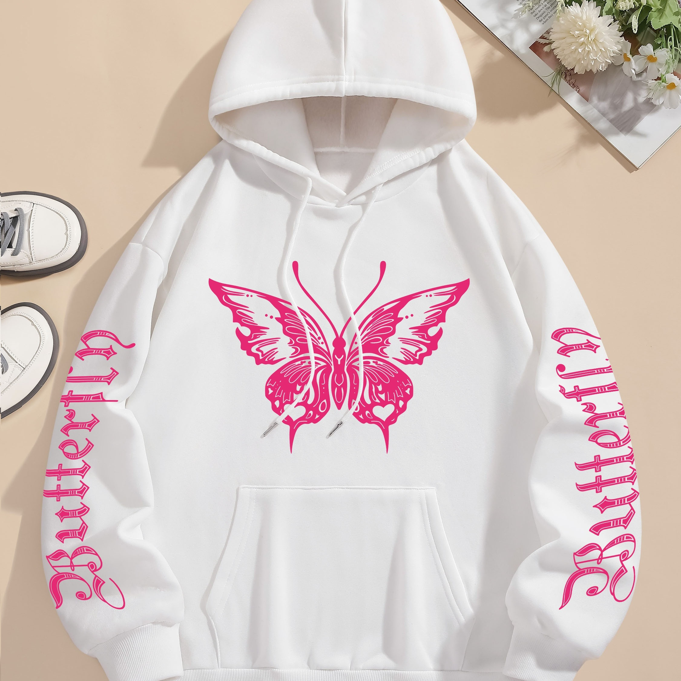 

Letter & Butterfly Print Hoodie, Drawstring Long Sleeve Casual Hooded Sweatshirt For Winter & Fall, Women's Clothing