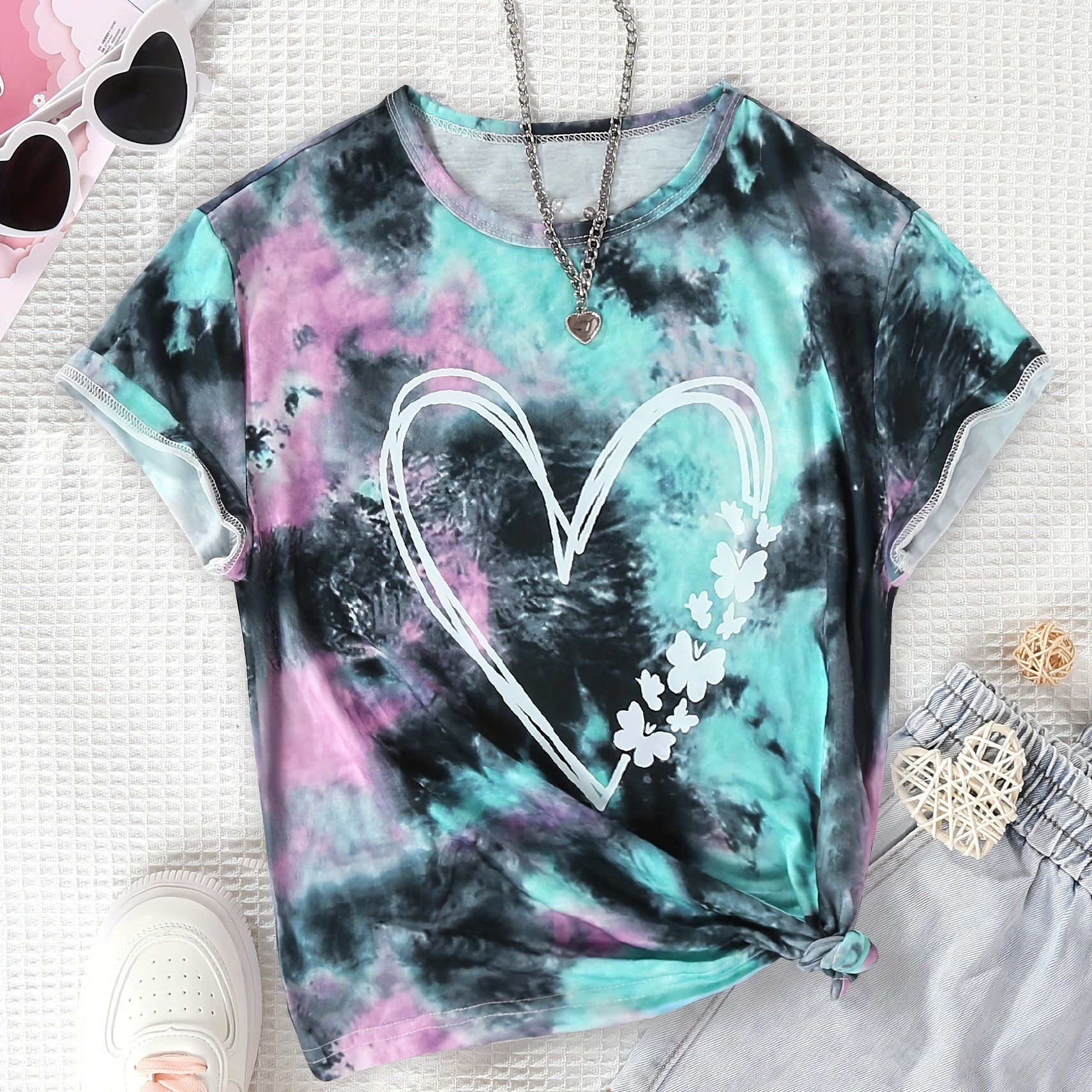 

Girls Crew Neck Tie Dye T-shirt Heart & Butterfly Print Short Sleeve Tops Kids Clothes Sports Everyday