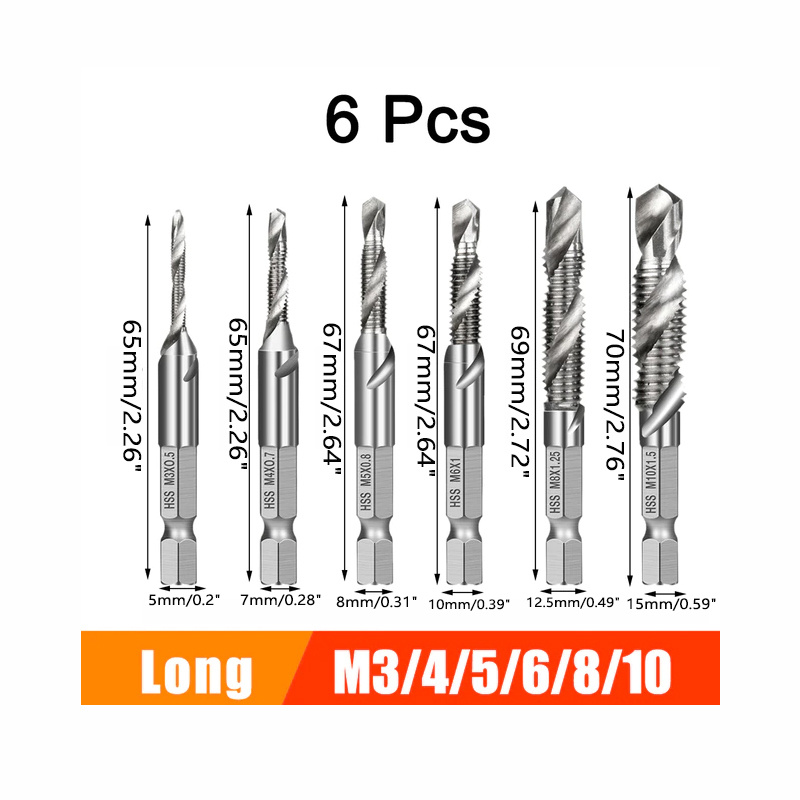 

6-piece Hss Drill & Tap Bit Set - 1/8 To 3/8 Fractional Sizes & 1/4 Hex Shank - Spiral Flute Tapping Tool Kit For Hand Tools