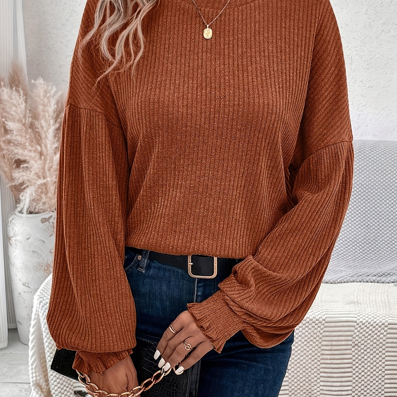 

Drop Shoulder Solid Long Sleeve T-shirt, Elegant Shirred Ruffle Cuff Crew Neck Top For Spring & Fall, Women's Clothing