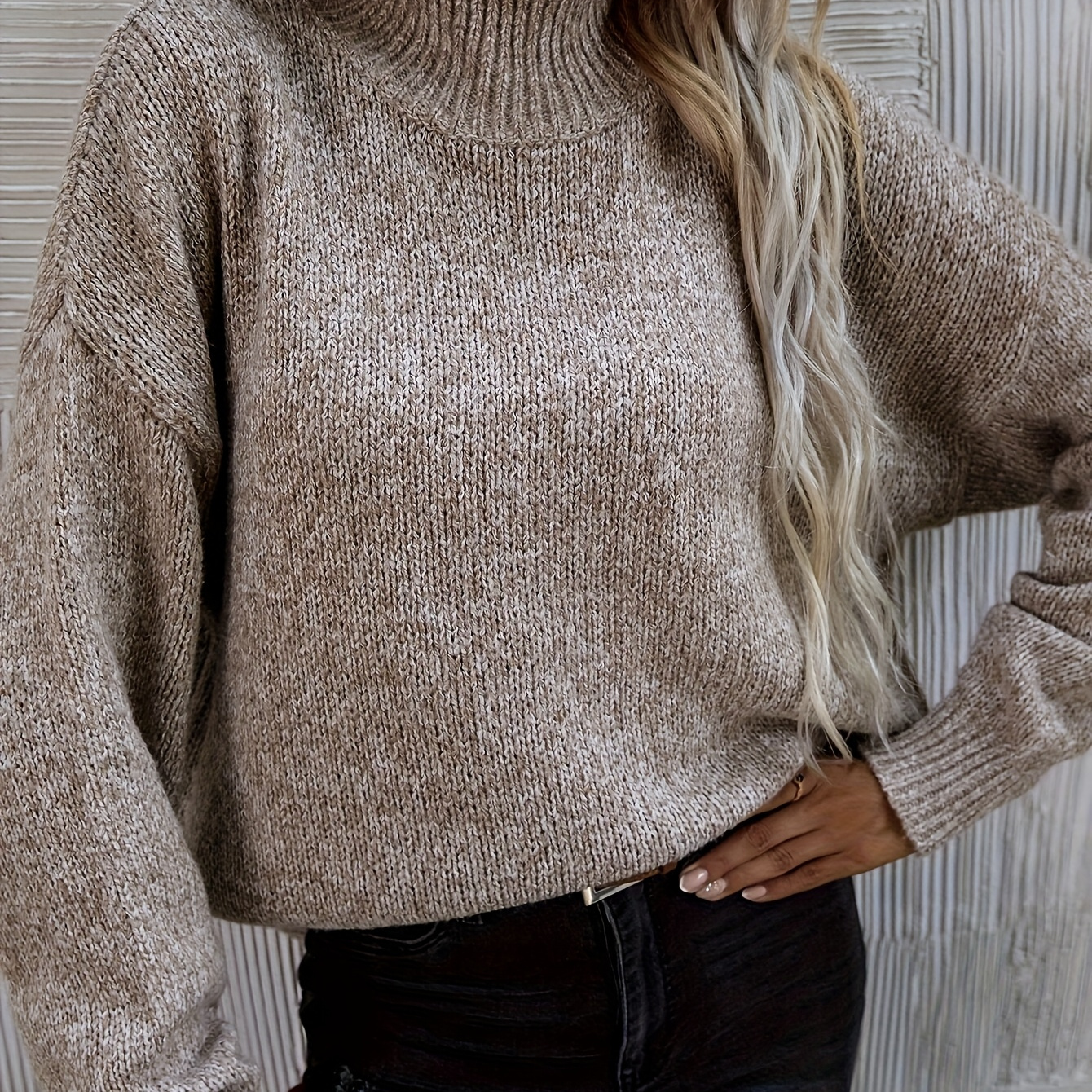 

Turtle Neck Drop Shoulder Sweater, Elegant Long Sleeve Sweater For Fall & Winter, Women's Clothing