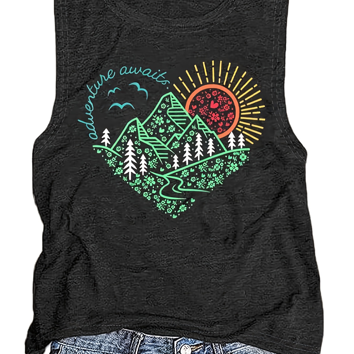 

Sun & Mountain Print Tank Top, Casual Crew Neck Tank Top For Summer, Women's Clothing