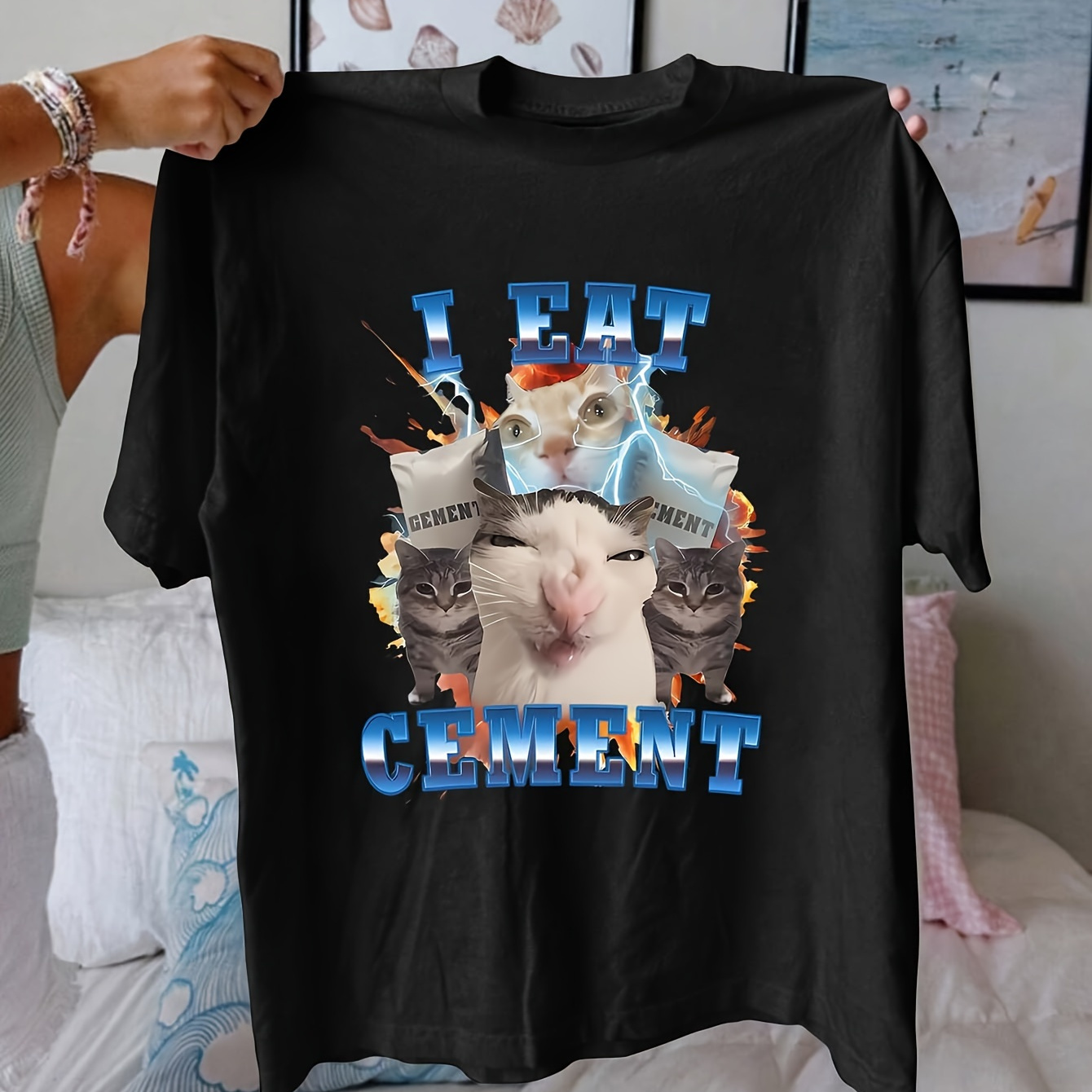 

Funny Cat Meme ' Cement' T-shirt - Women's Casual Short Sleeve Crew Neck Top, Breathable Polyester , Machine Washable - , Print, Clothing, Style, Xia