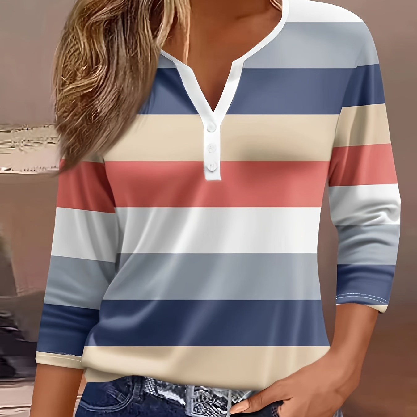 

Fashion Holiday Women's Regular Style Striped Print -sleeve V-neck Button T-shirt