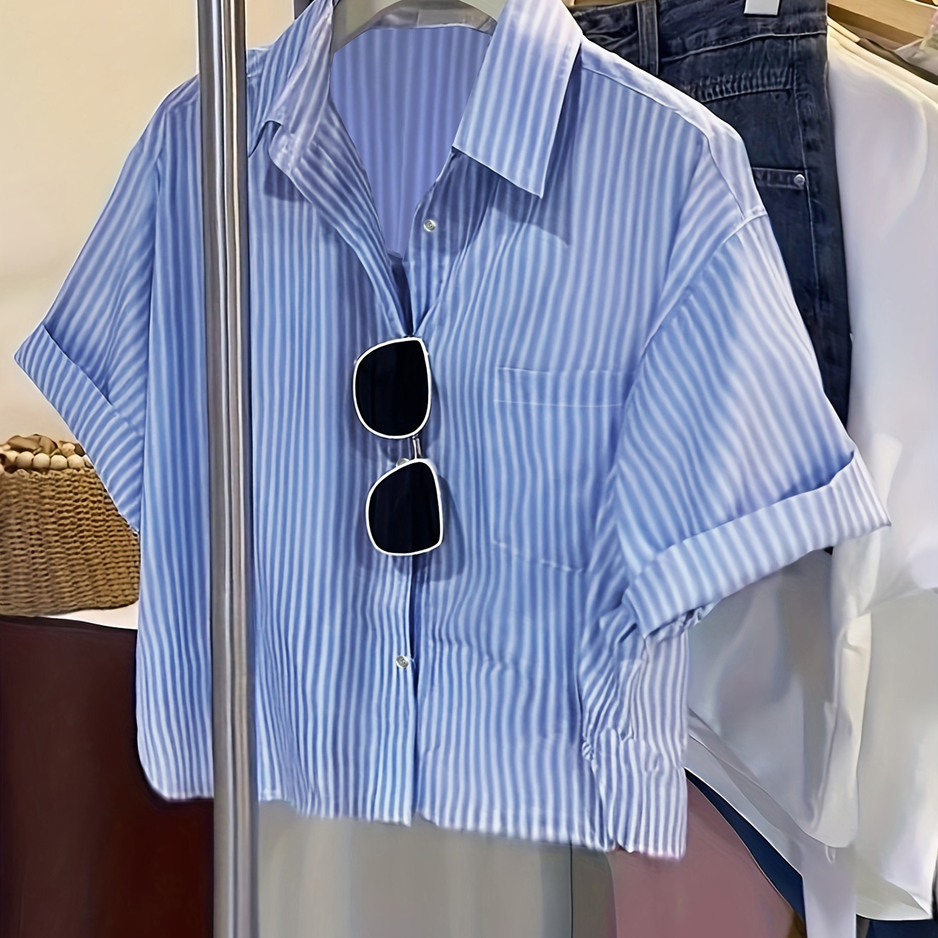 

Chemise boutonnée à rayures, chemise courte décontractée à manches courtes pour le printemps et l'été, vêtements pour femmes