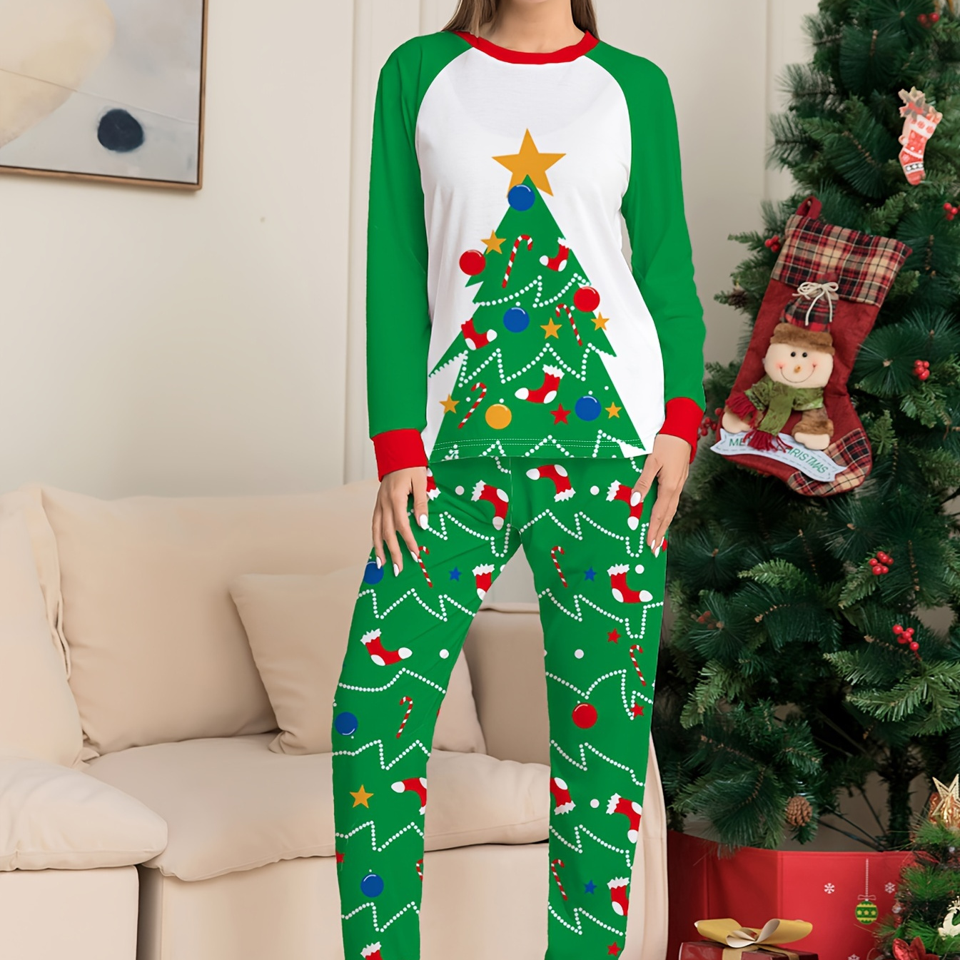 

Women's Christmas Tree Print Casual Pajama Set For Fall, Raglan Sleeve Round Neck Top & Jogger Pants, Comfortable Relaxed Fit For Christmas